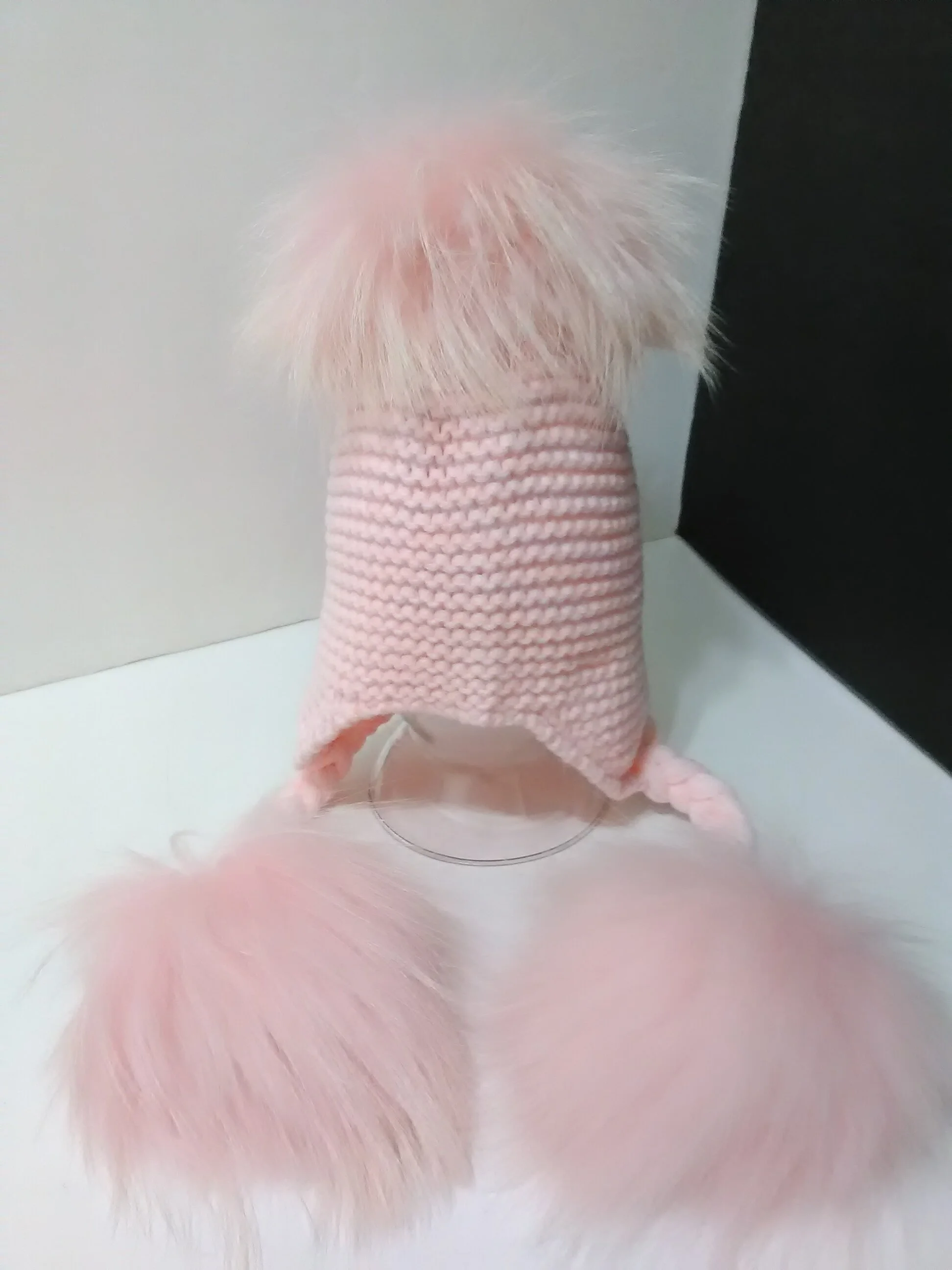 Three Poms Baby  Hat, Removable Real Raccoon Fur Pompoms