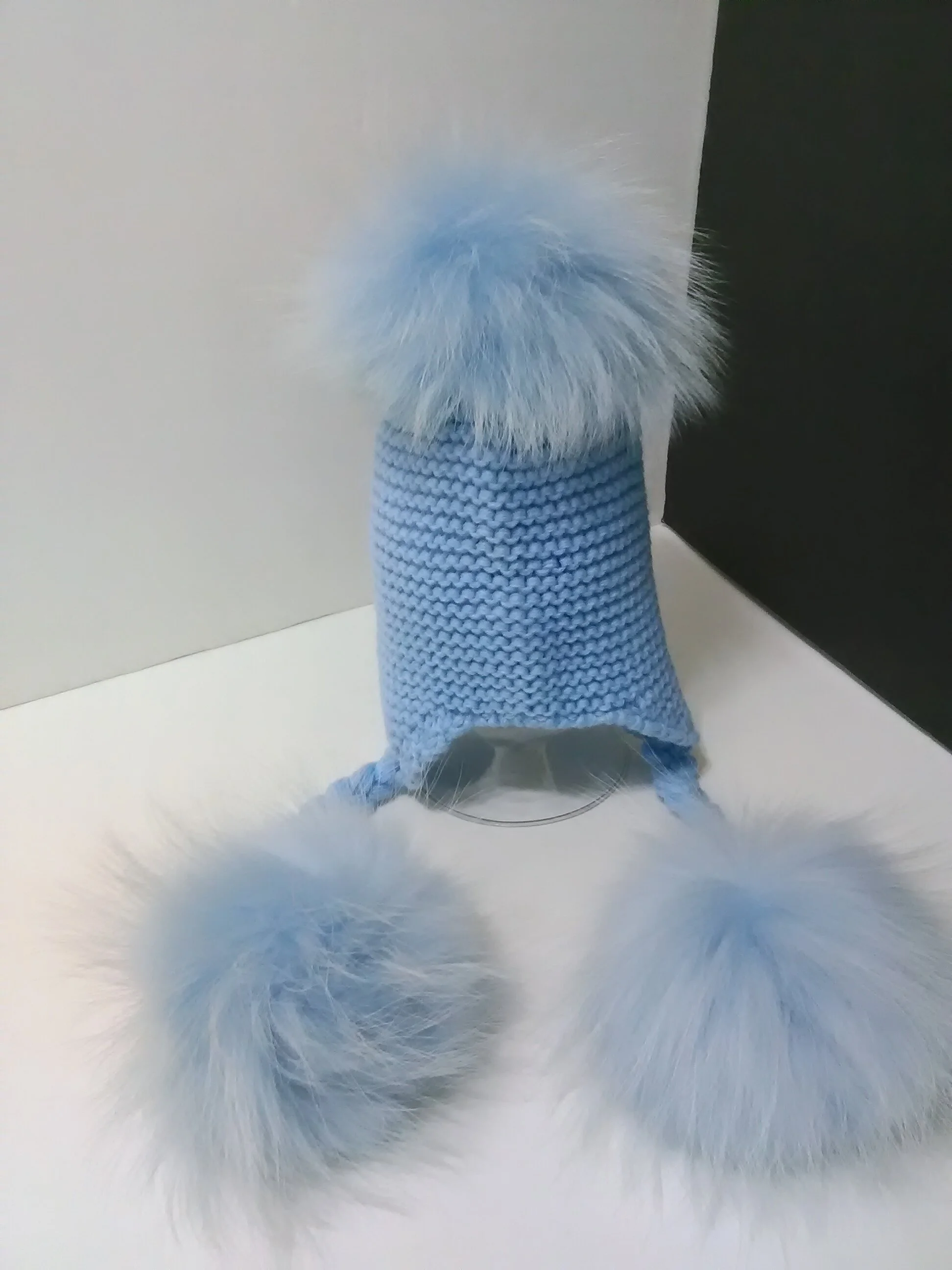 Three Poms Baby  Hat, Removable Real Raccoon Fur Pompoms