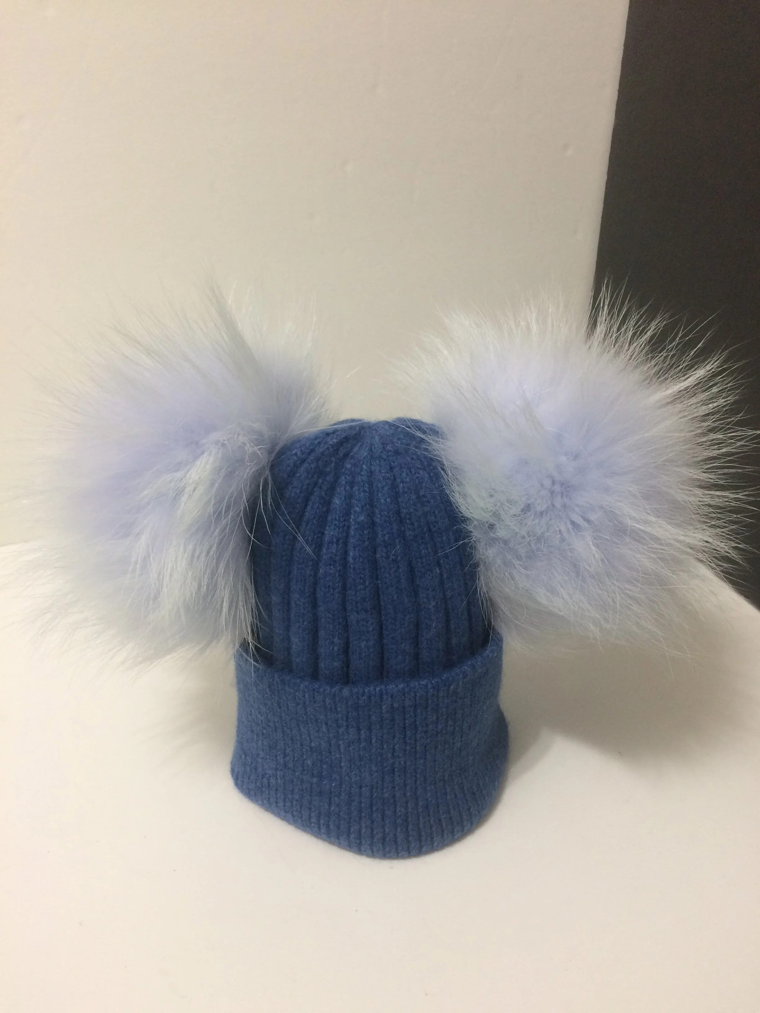 Angora Baby and Kids Hat, Removable Double Real Raccoon Fur Pompoms