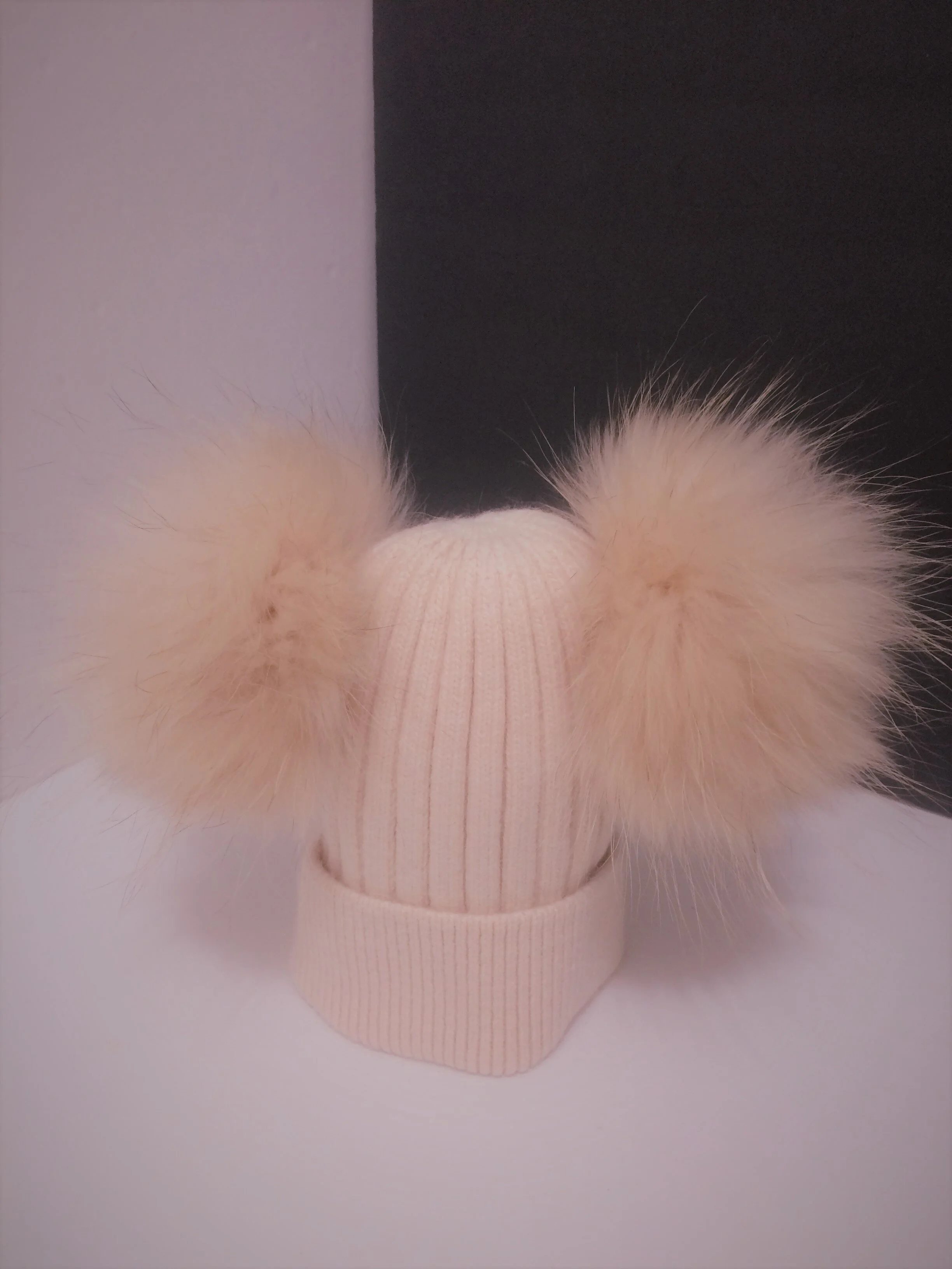 Angora Baby and Kids Hat, Removable Double Real Raccoon Fur Pompoms