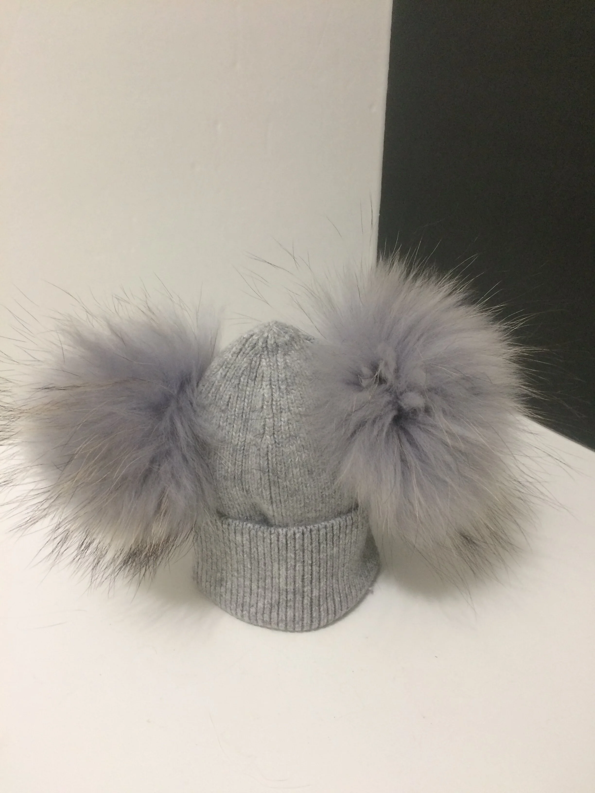 Cashmere Baby and Kids Hat, Removable Double Real Raccoon Fur Pompoms