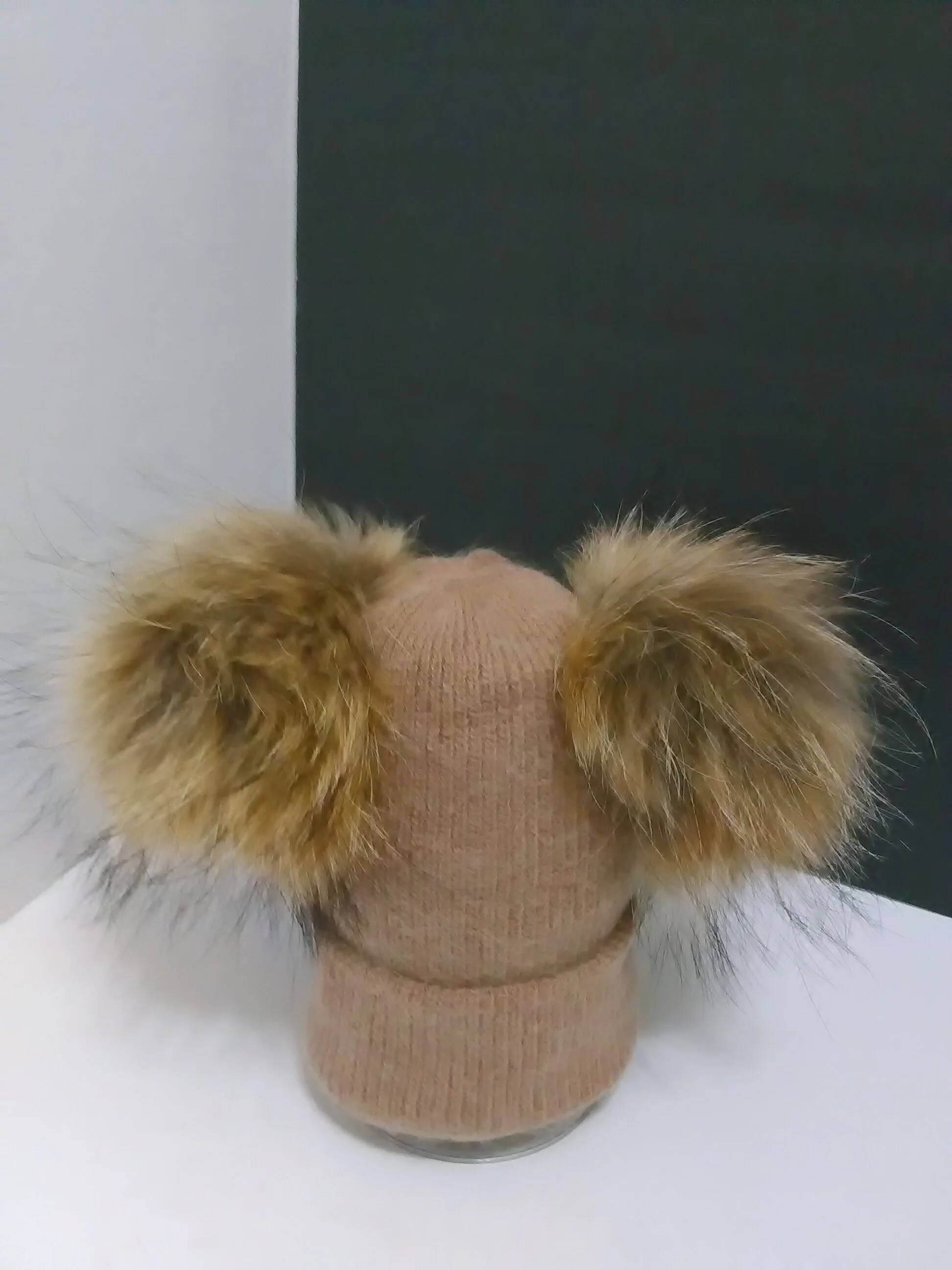 Cashmere Kids Hat, Removable Double Real Raccoon Fur Pompoms