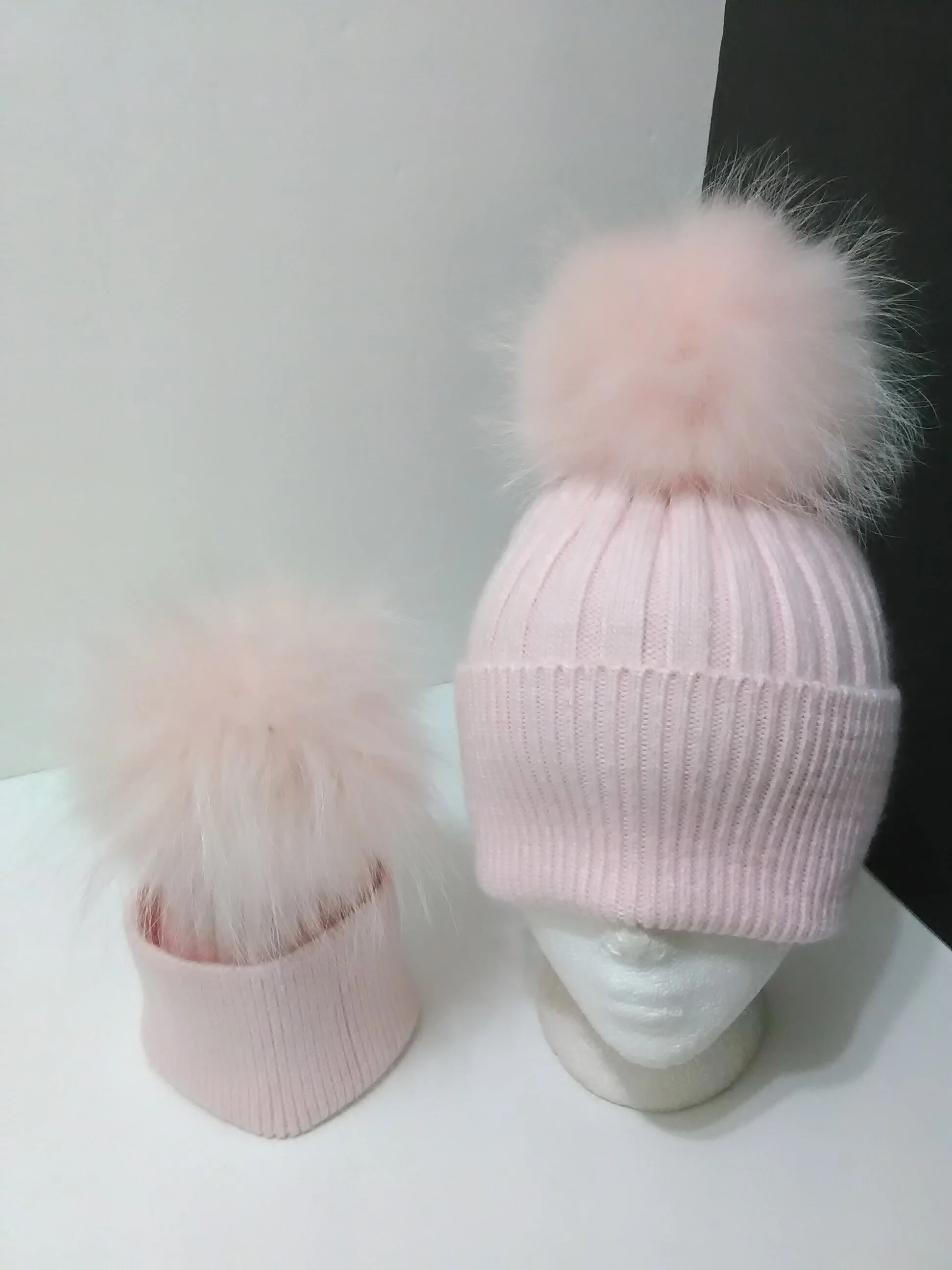 Mommy and Me Beanie, Mom and Baby Hats, Removable Real Raccoon Fur Pompoms.