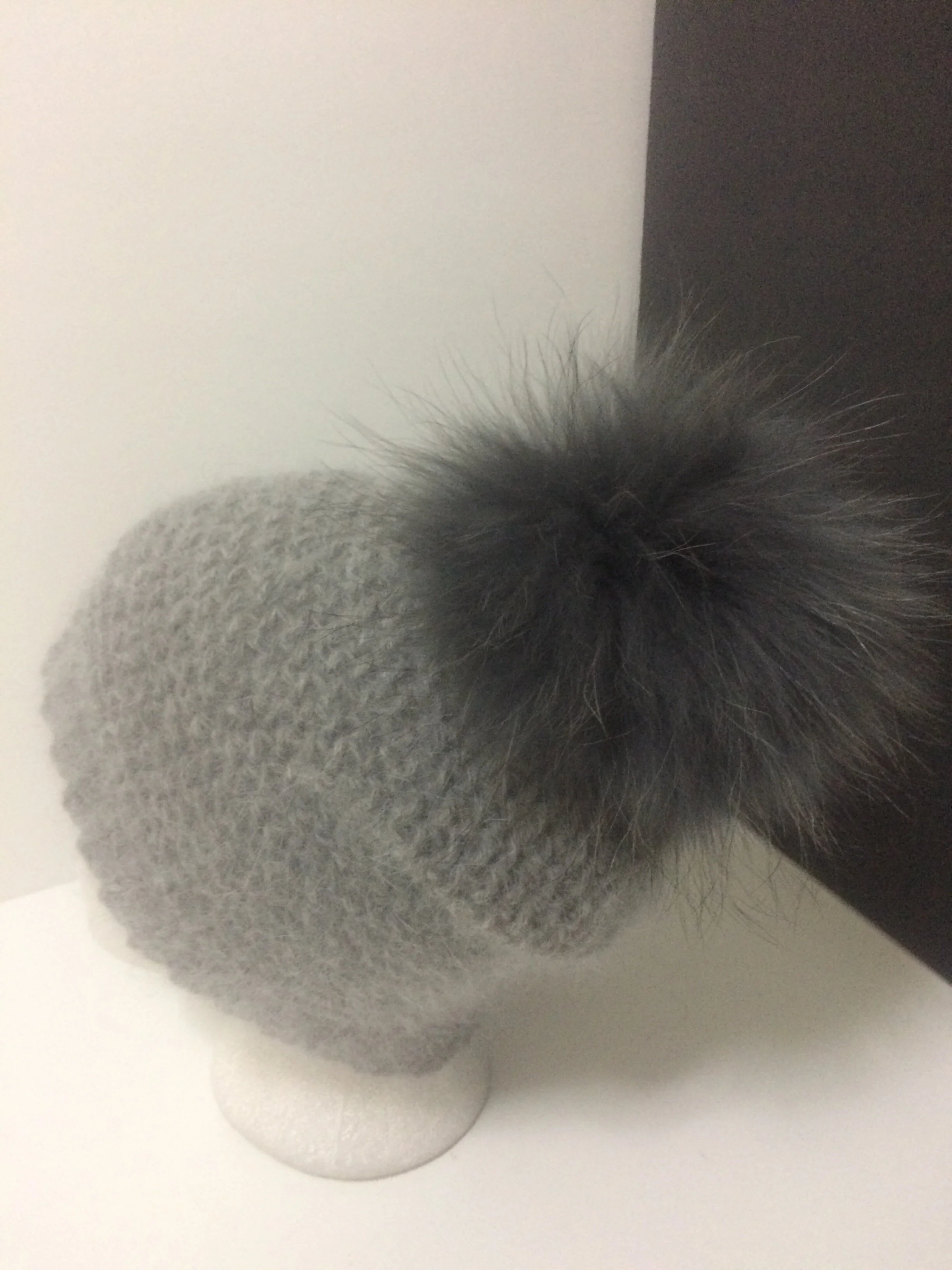 100% Angora and Baby Alpaca Beanie, Removable Real Raccoon Fur Pompom  