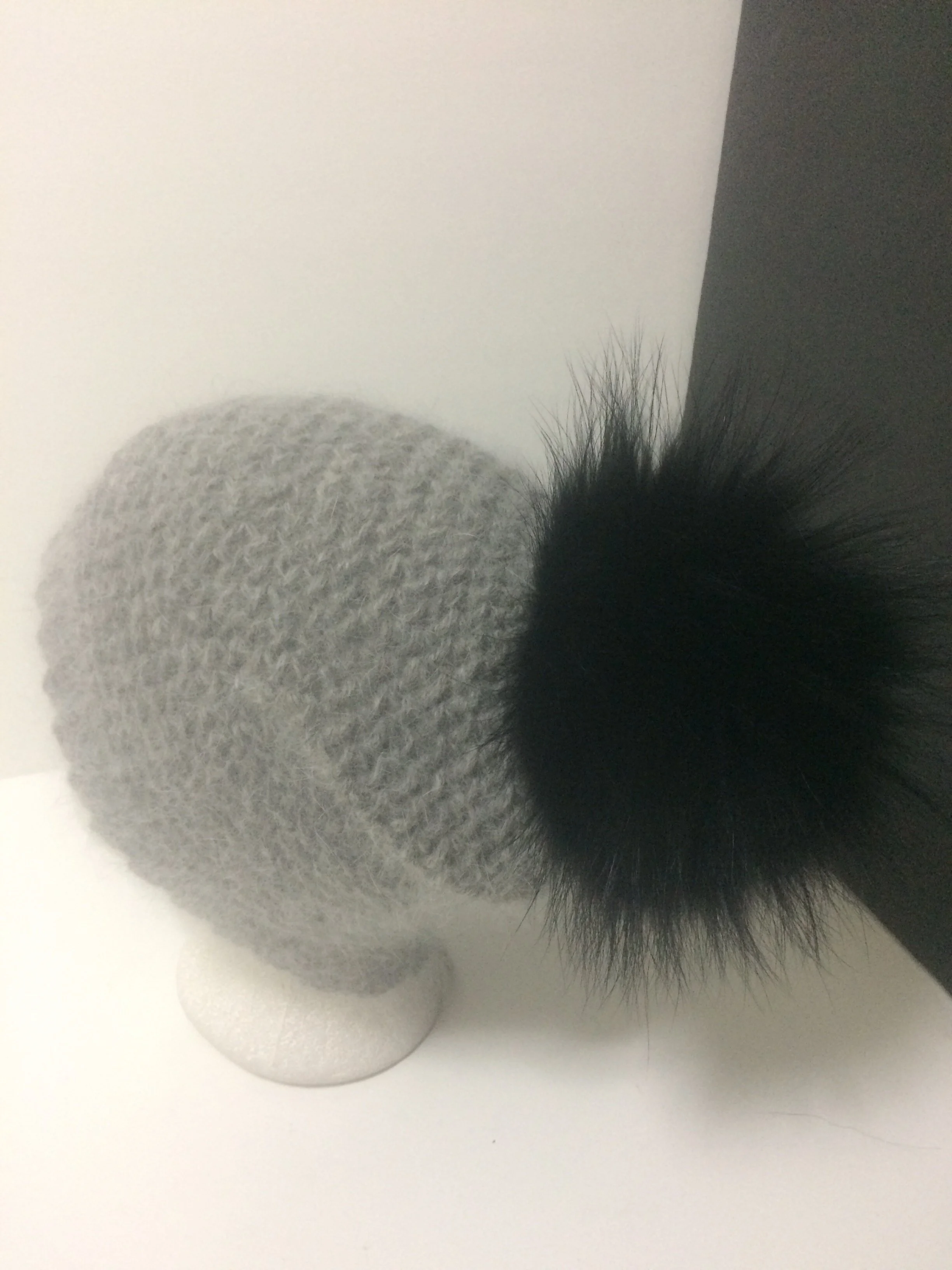 100% Angora and Baby Alpaca Beanie, Removable Real Raccoon Fur Pompom  