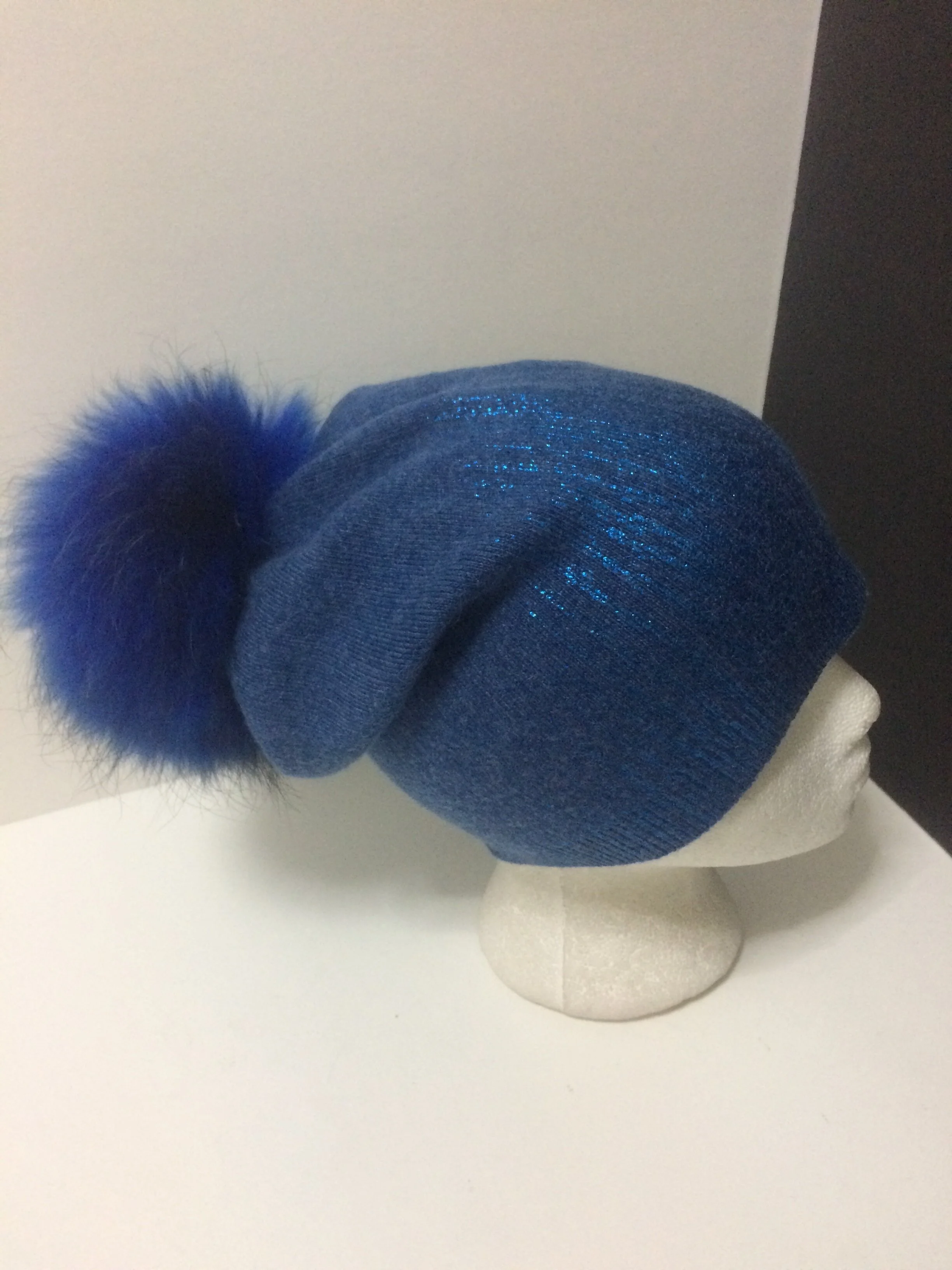Sparkle Beanie, Shiny Party Hat with Removable Real Raccoon Fur Pompom
