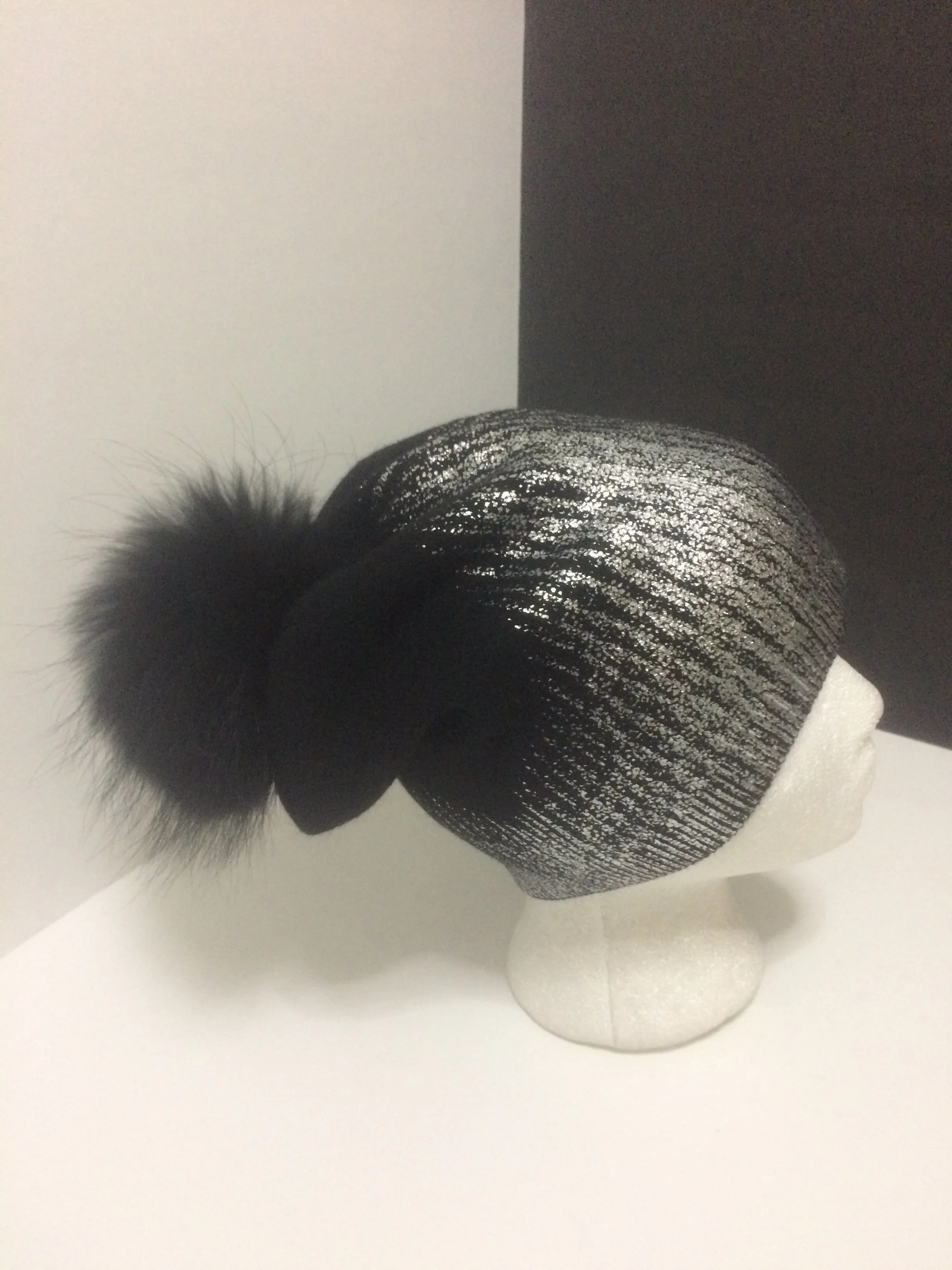 Sparkle Beanie, Shiny Party Hat with Removable Real Raccoon Fur Pompom  