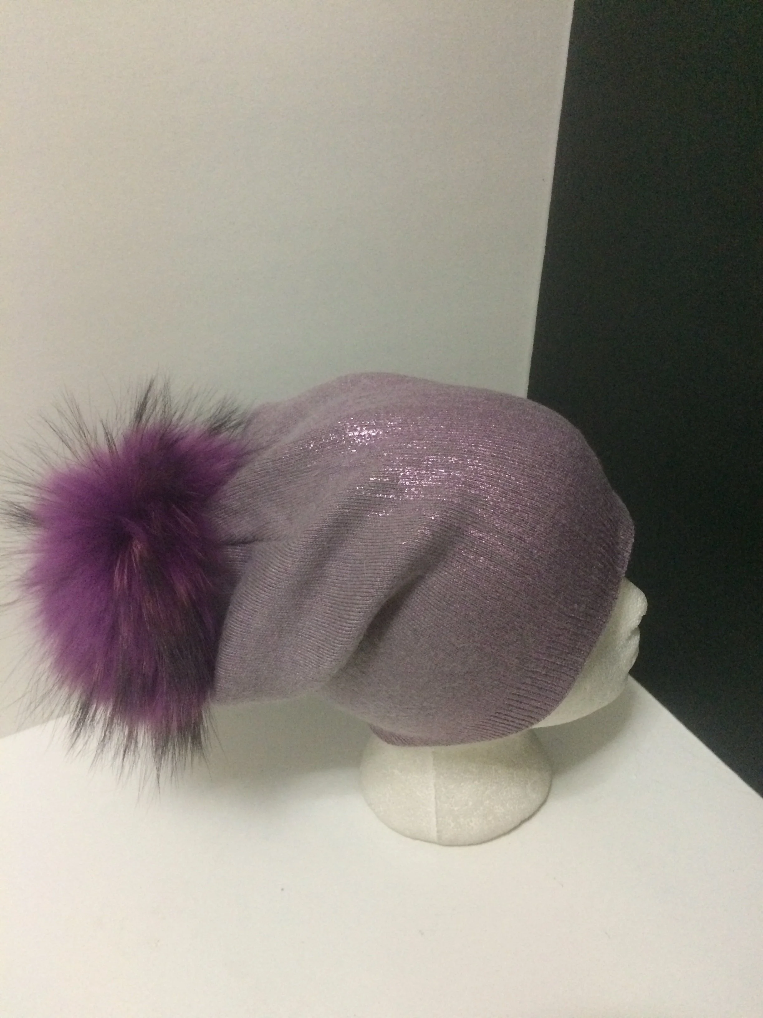 Sparkle Beanie, Shiny Party Hat with Removable Real Raccoon Fur Pompom
