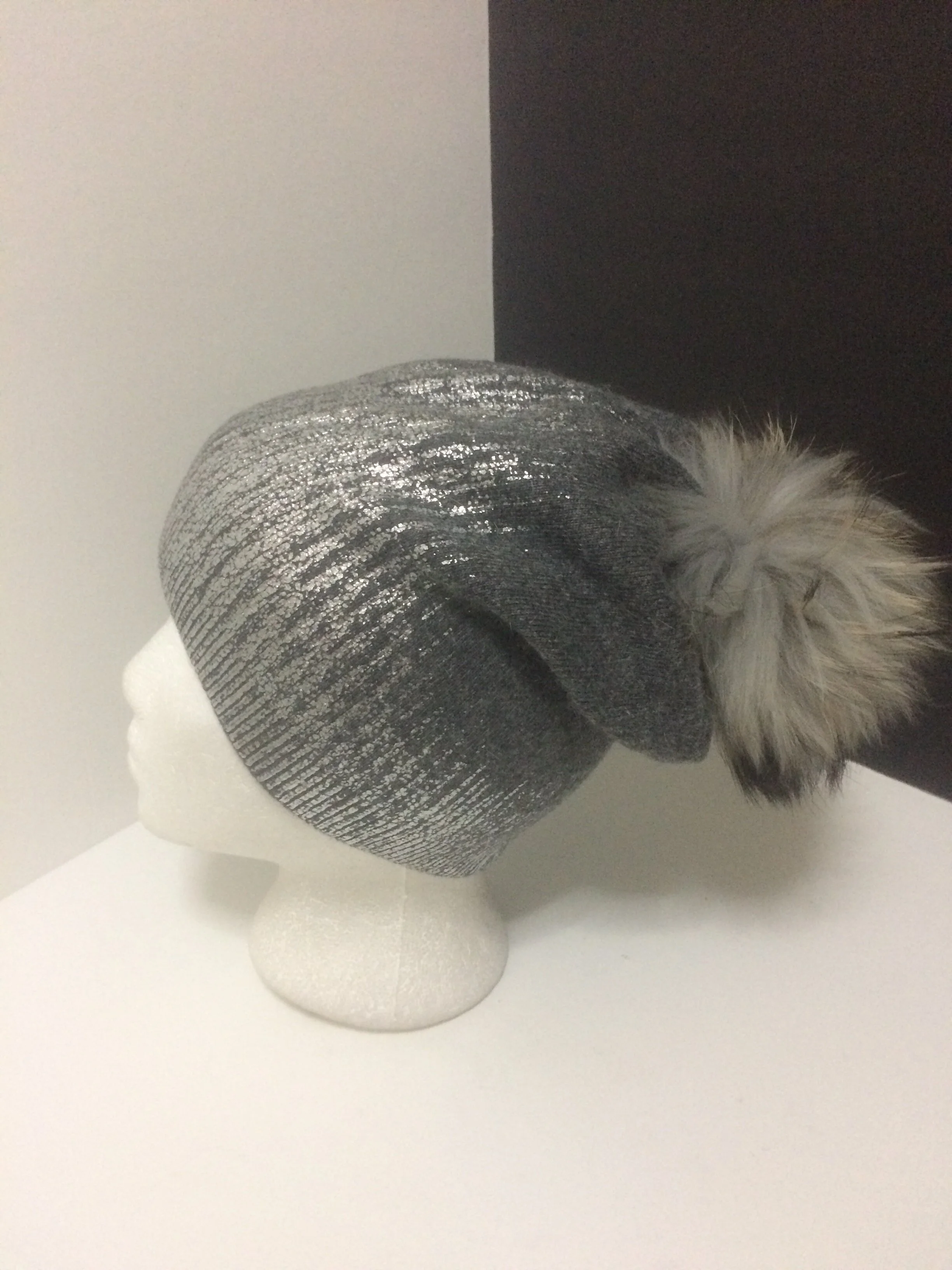 Sparkle Beanie, Shiny Party Hat with Removable Real Raccoon Fur Pompom