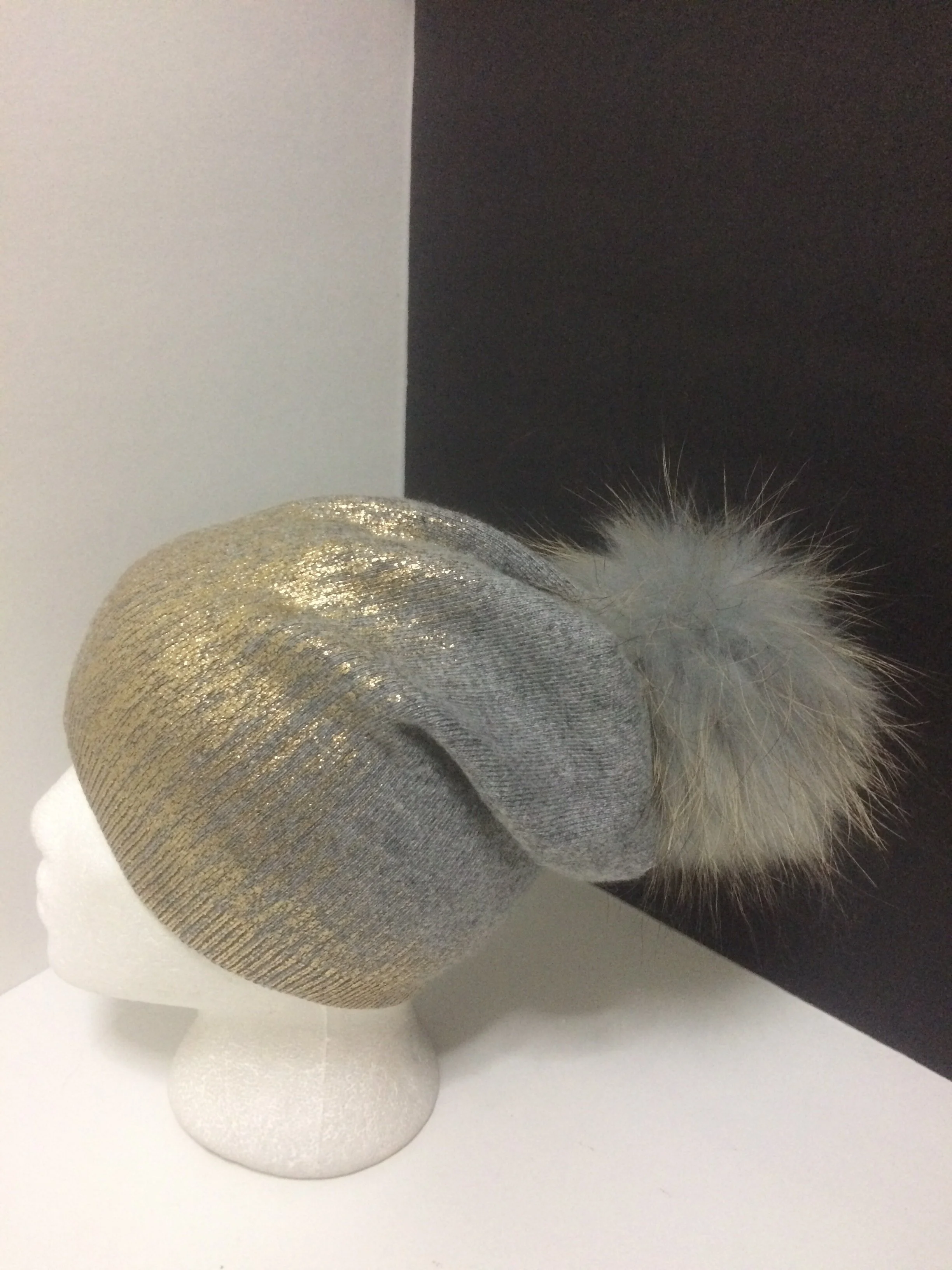 Sparkle Beanie, Shiny Party Hat with Removable Real Raccoon Fur Pompom