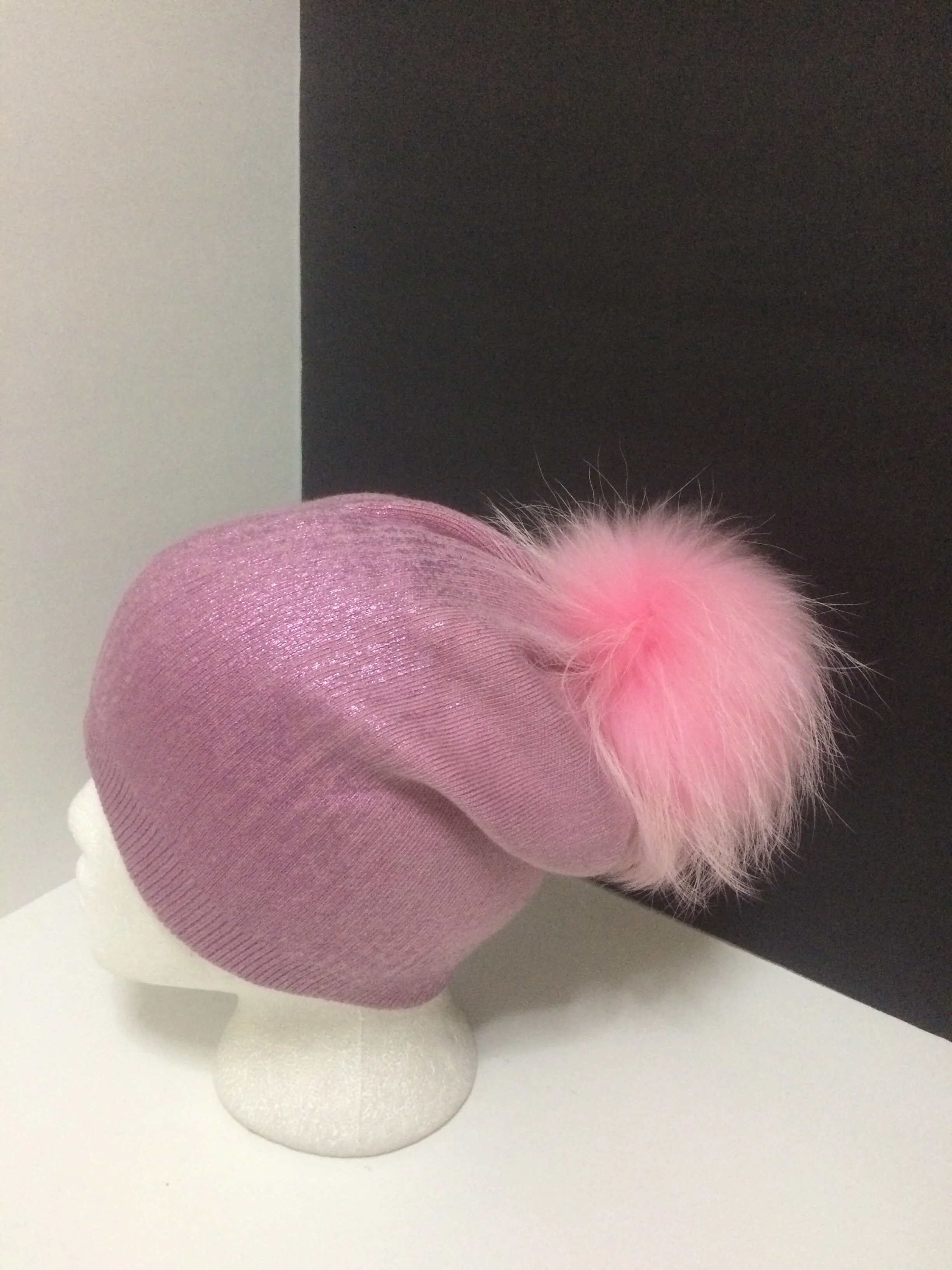 Sparkle Beanie, Shiny Party Hat with Removable Real Raccoon Fur Pompom