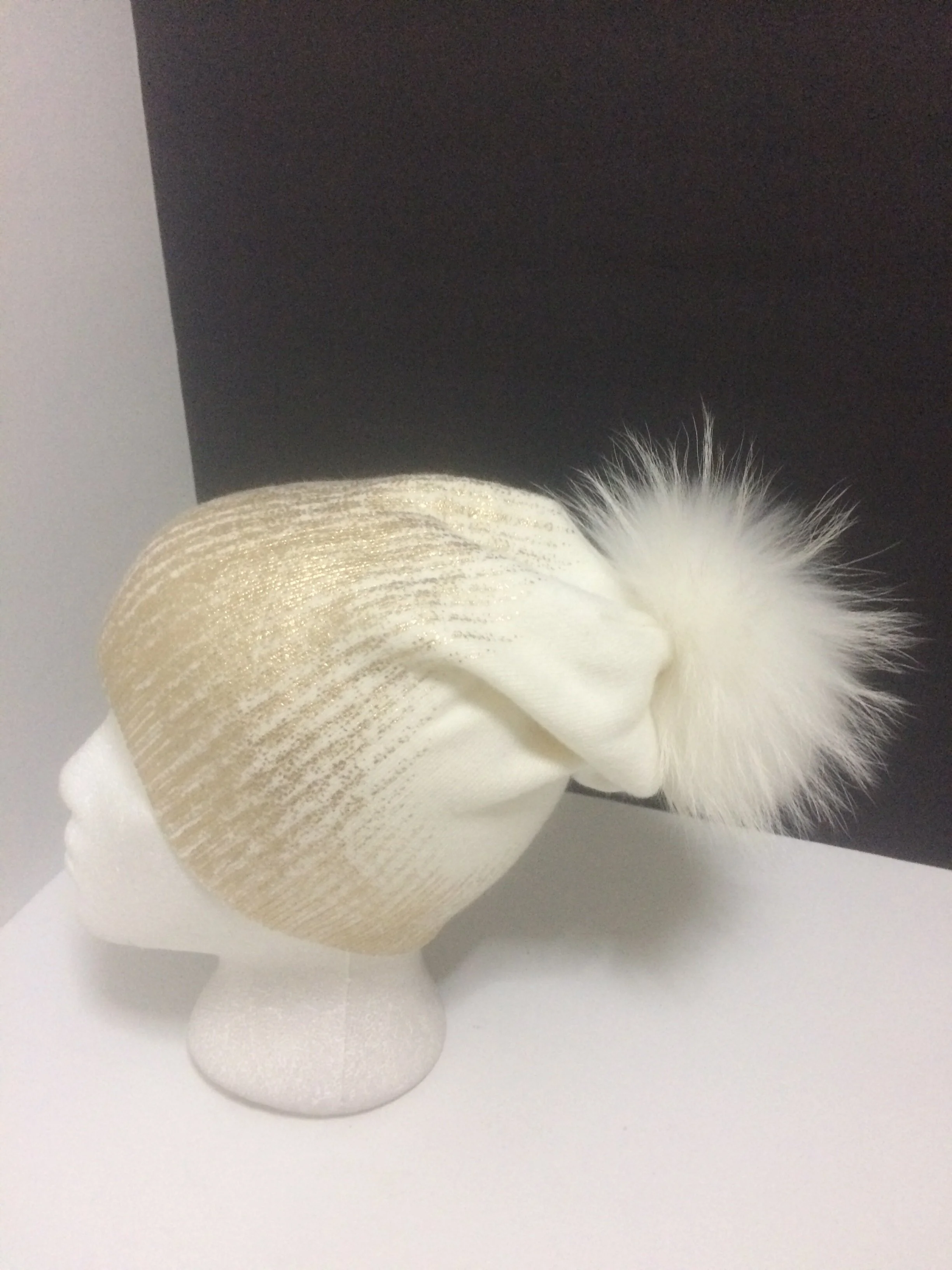 Sparkle Beanie, Shiny Party Hat with Removable Real Raccoon Fur Pompom