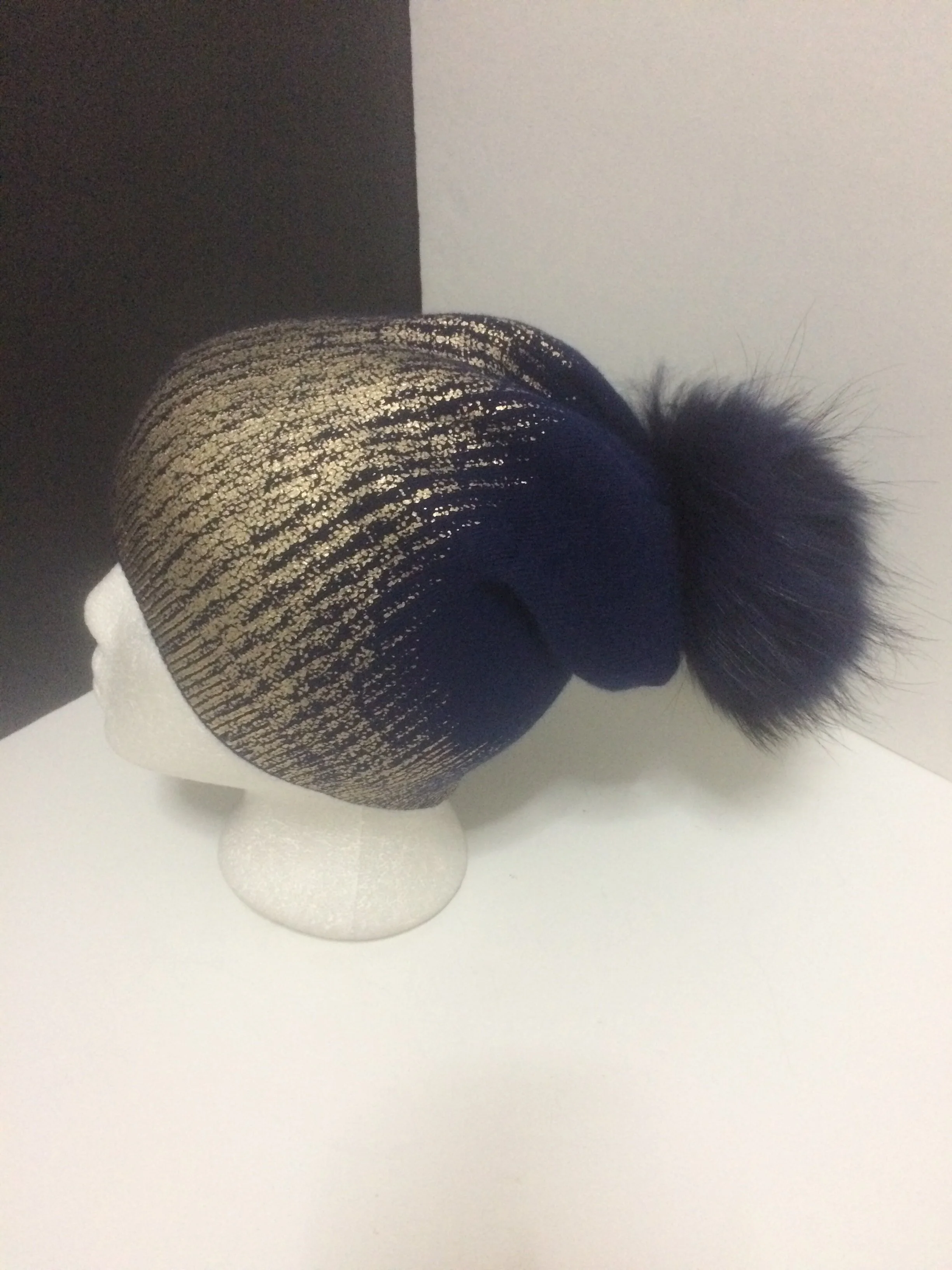Sparkle Beanie, Shiny Party Hat with Removable Real Raccoon Fur Pompom