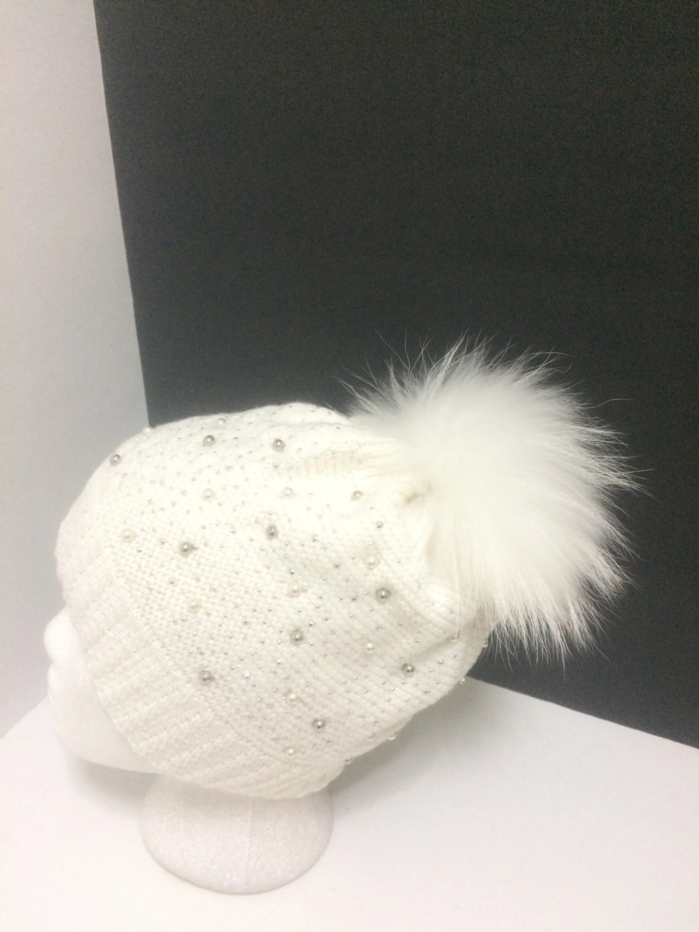 Sparkle Beanie, Shiny Party Hat with Removable Real Raccoon Fur Pompom