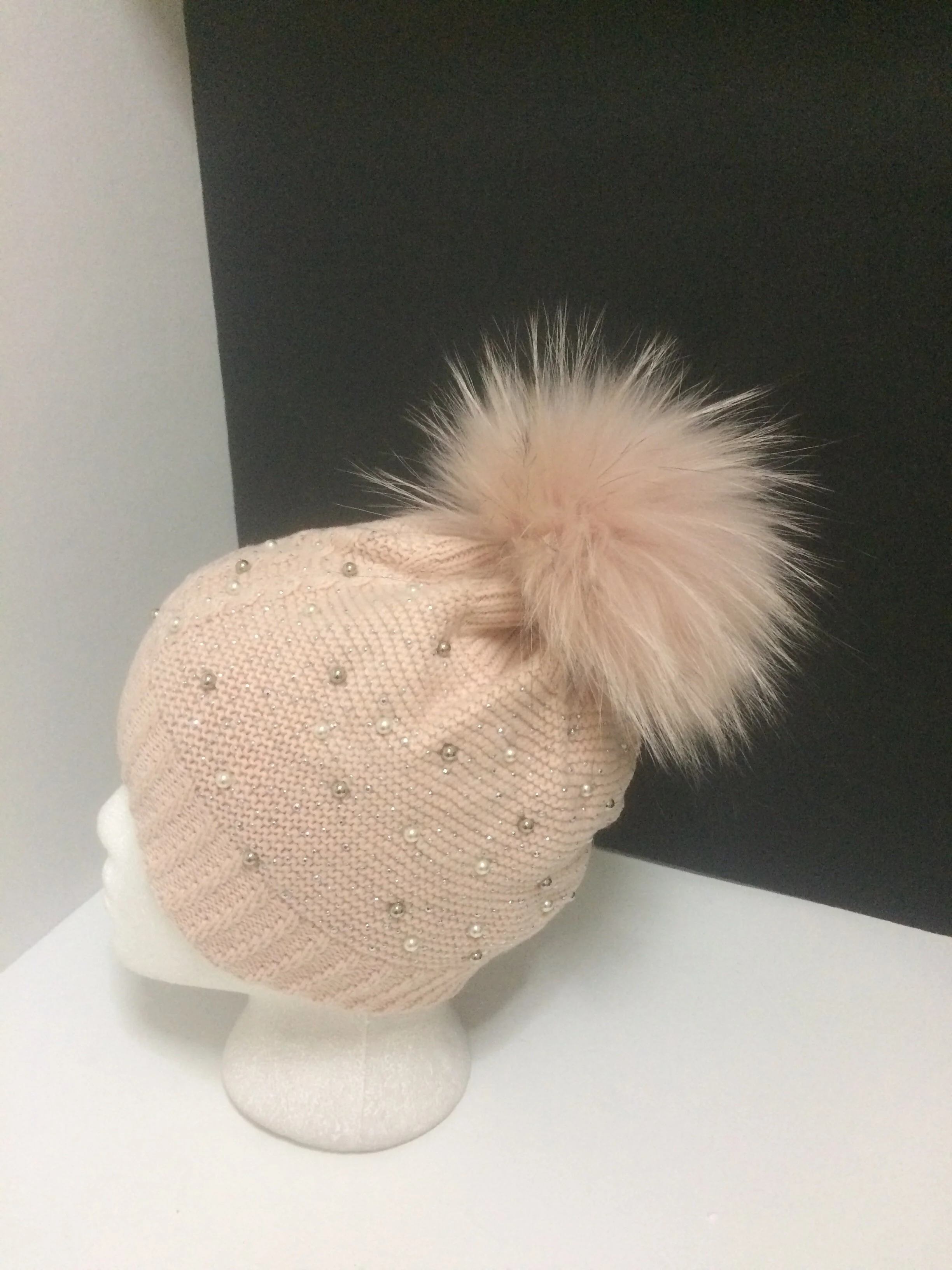 Sparkle Beanie, Shiny Party Hat with Removable Real Raccoon Fur Pompom