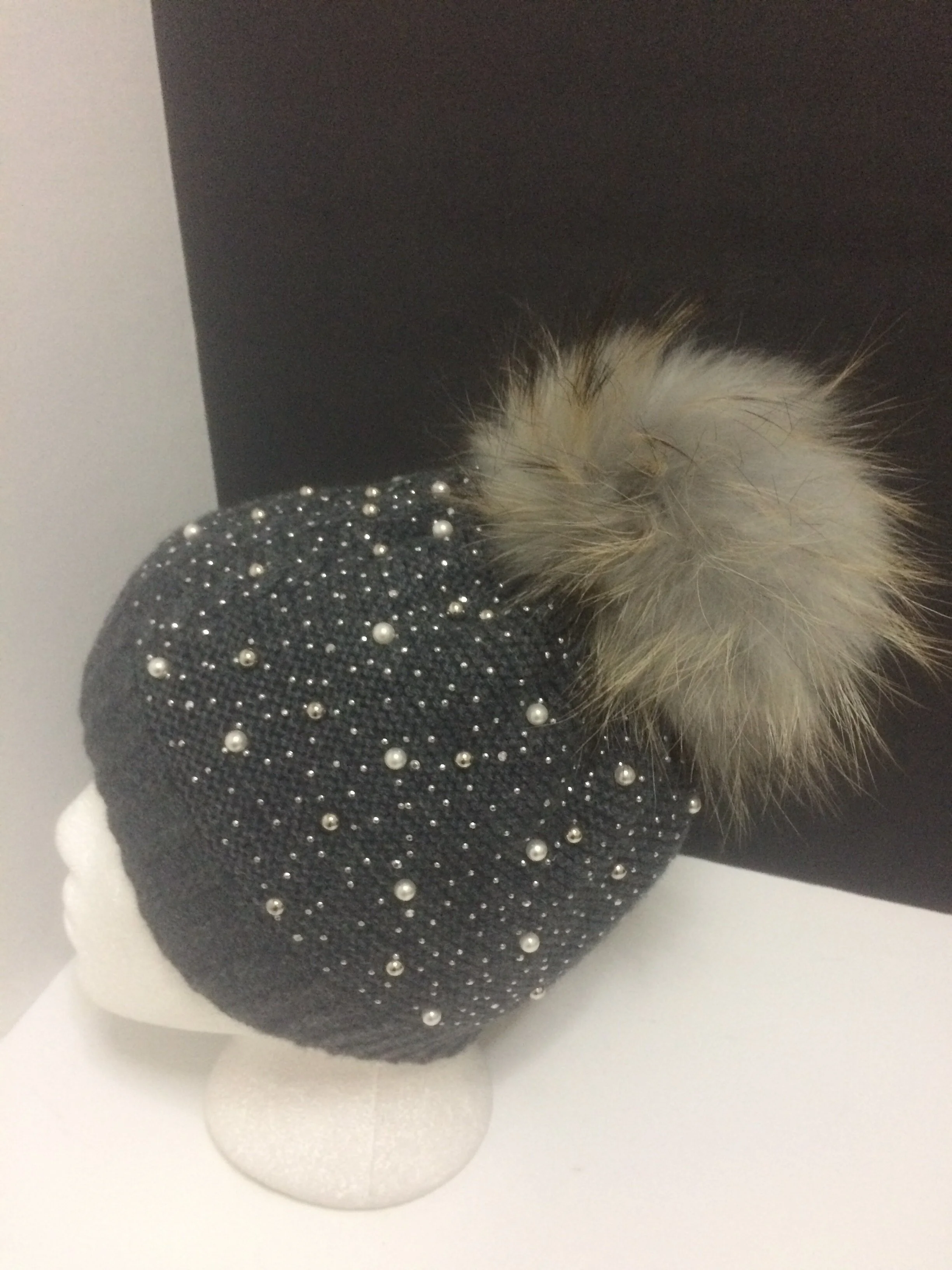 Sparkle Beanie, Shiny Party Hat with Removable Real Raccoon Fur Pompom