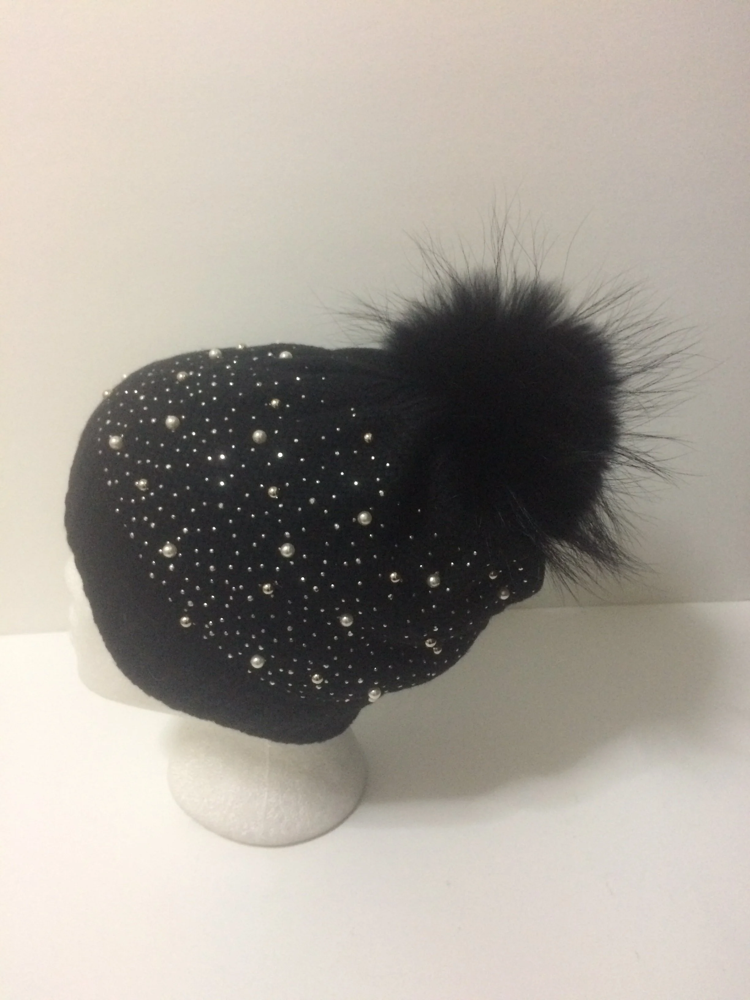 Sparkle Beanie, Shiny Party Hat with Removable Real Raccoon Fur Pompom 
