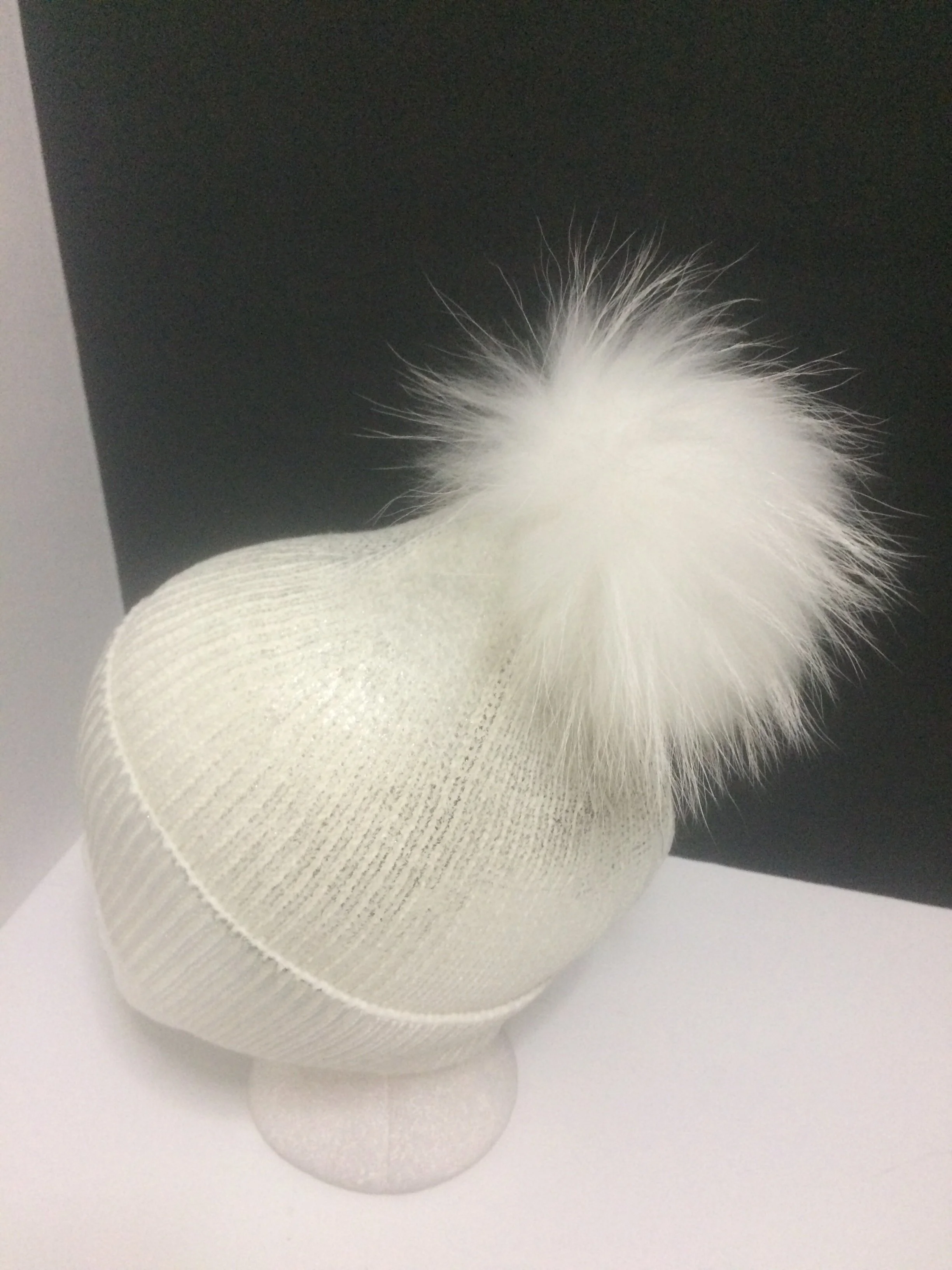 Metallic Beanie, Shiny Party Hat with Removable Real Raccoon Fur Pompom