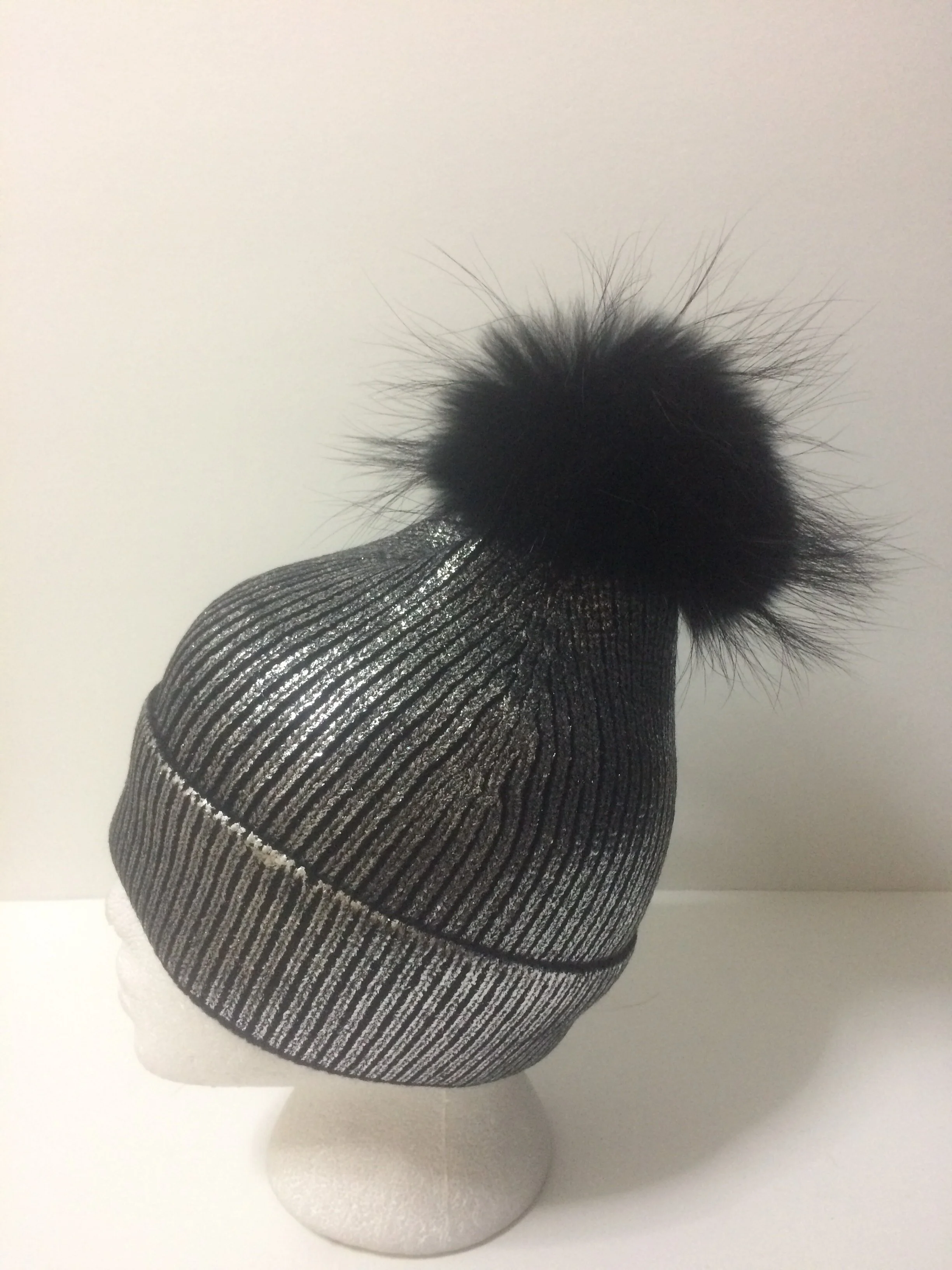Metallic Beanie, Shiny Party Hat with Removable Real Raccoon Fur Pompom 