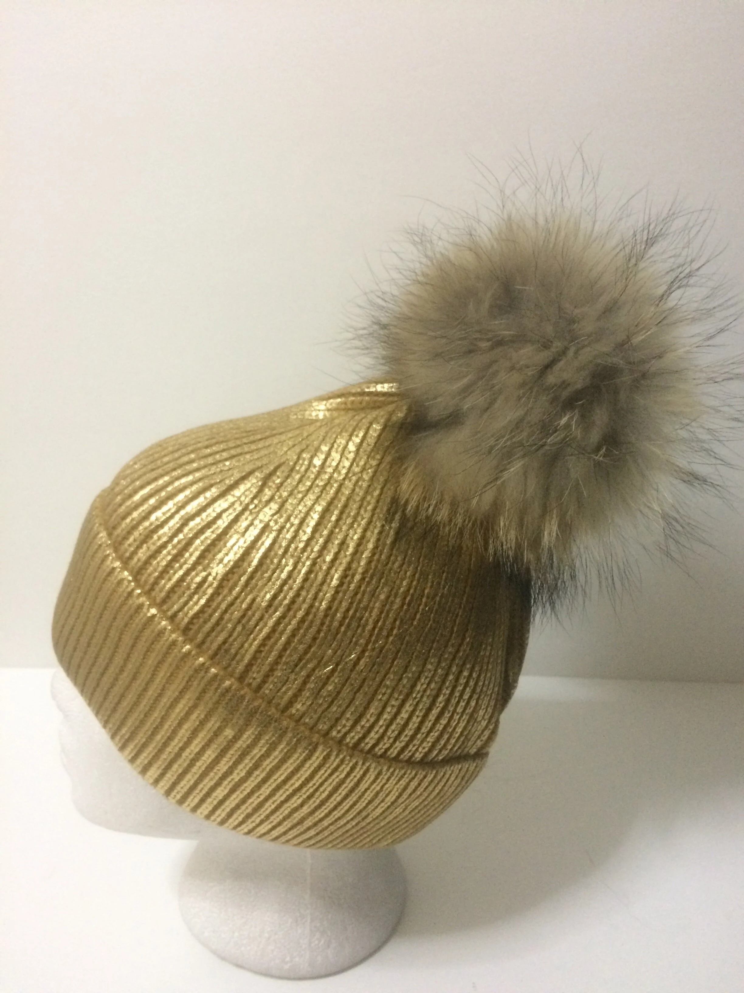 Metallic Beanie, Shiny Party Hat with Removable Real Raccoon Fur Pompom