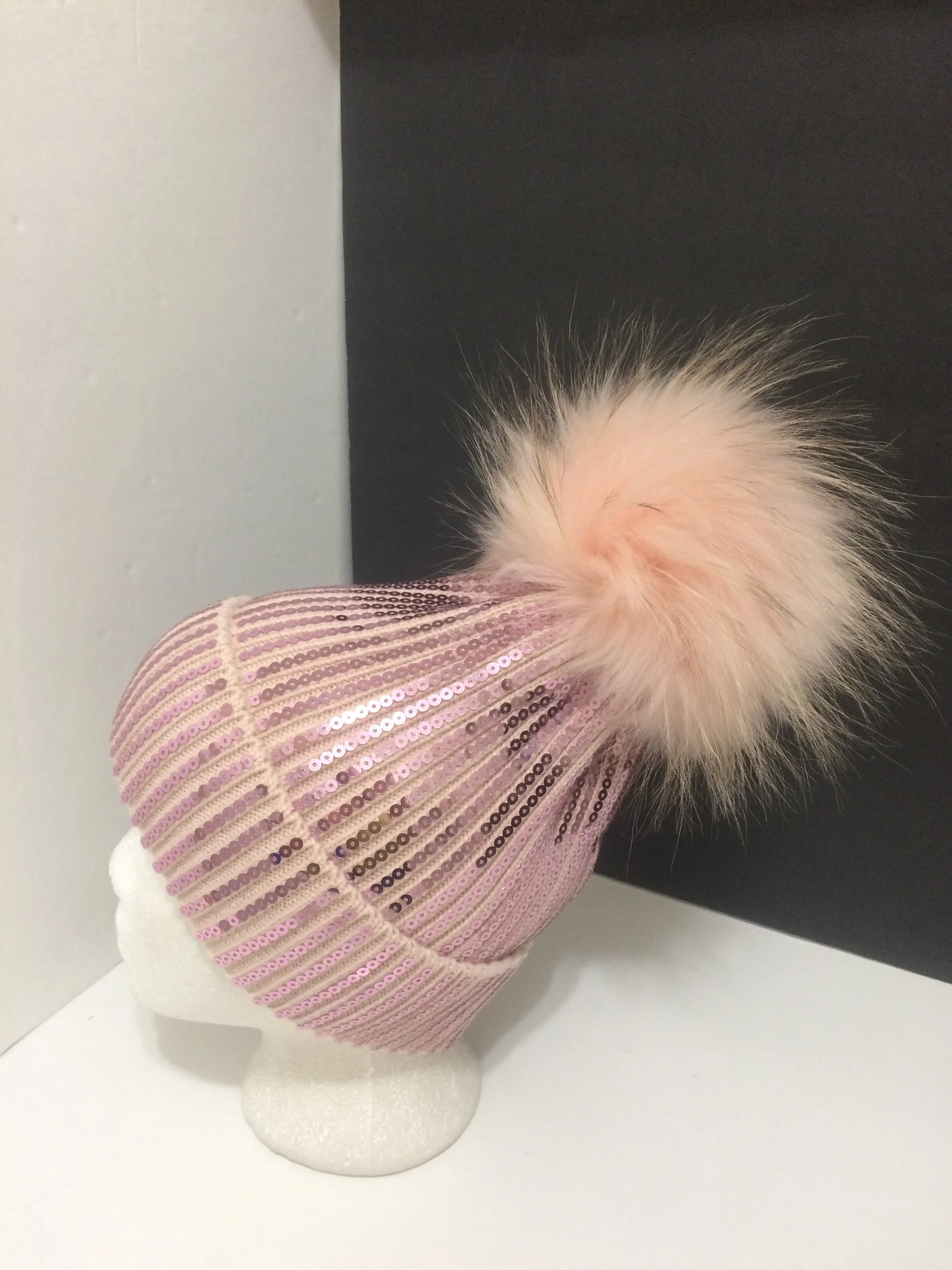 Metallic Beanie, Shiny Party Hat with Removable Real Raccoon Fur Pompom 