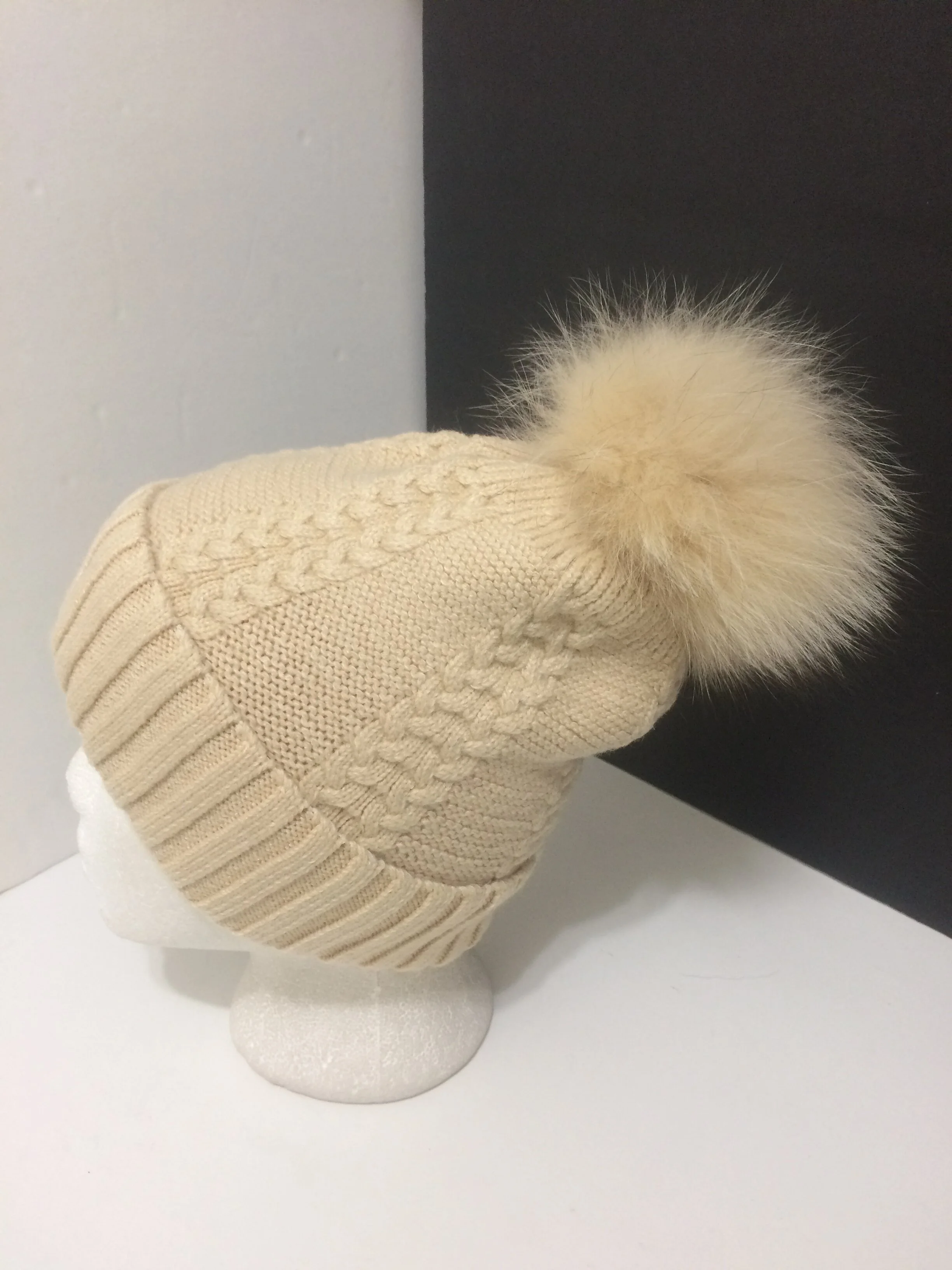 NEW: Cashmere Beanie, with Removable  Real Raccoon Fur Pompom
