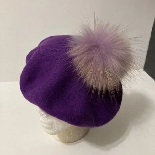 Avoca Handweavers Ireland Mohair Wool Beret Hat Purple Blue Pink Fuzzy Pom Pom NEW: In more colors than we main image 4