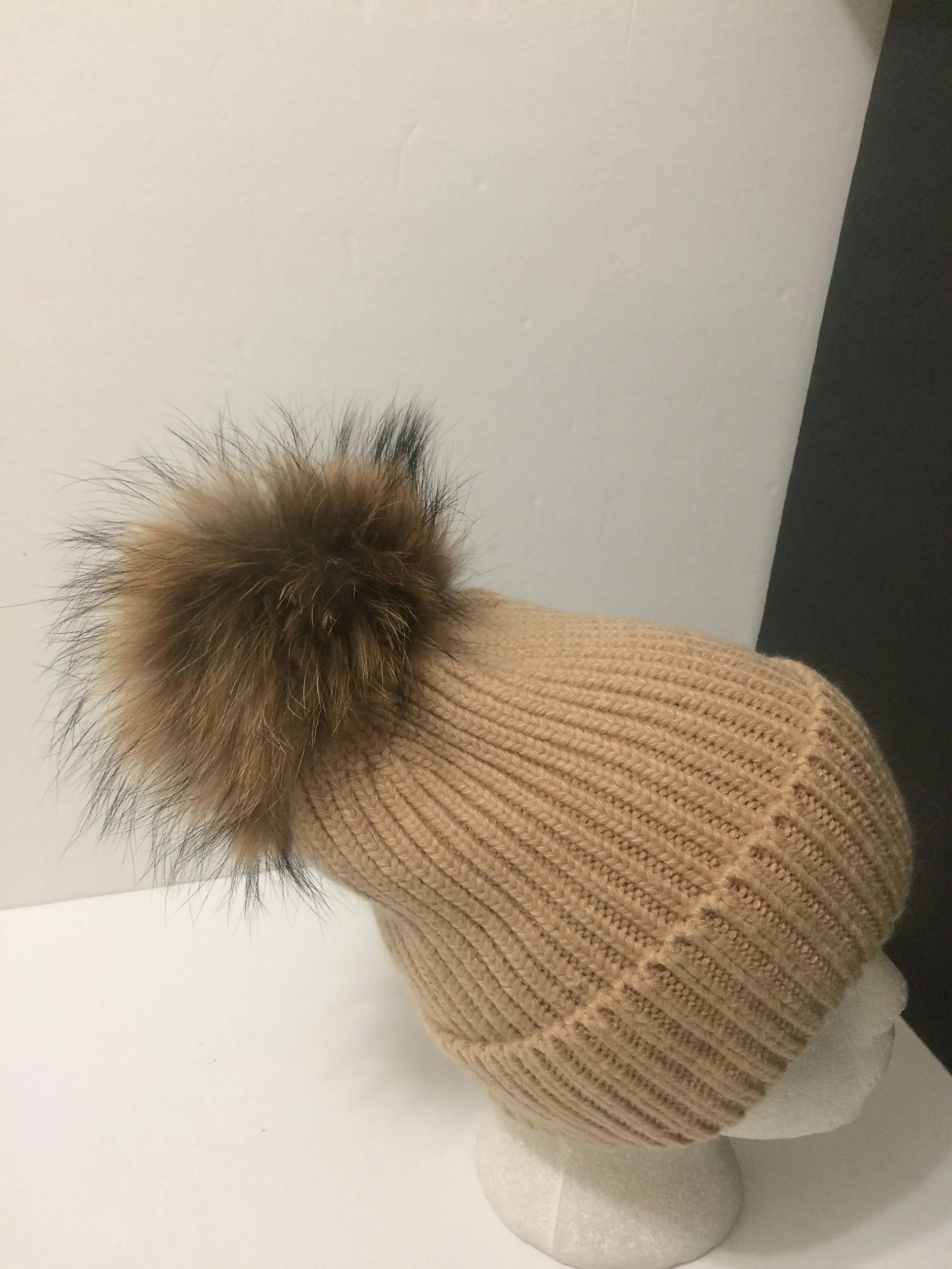 New: Thick Ribbed 100% Angora with Removable Real Raccoon fur pompom