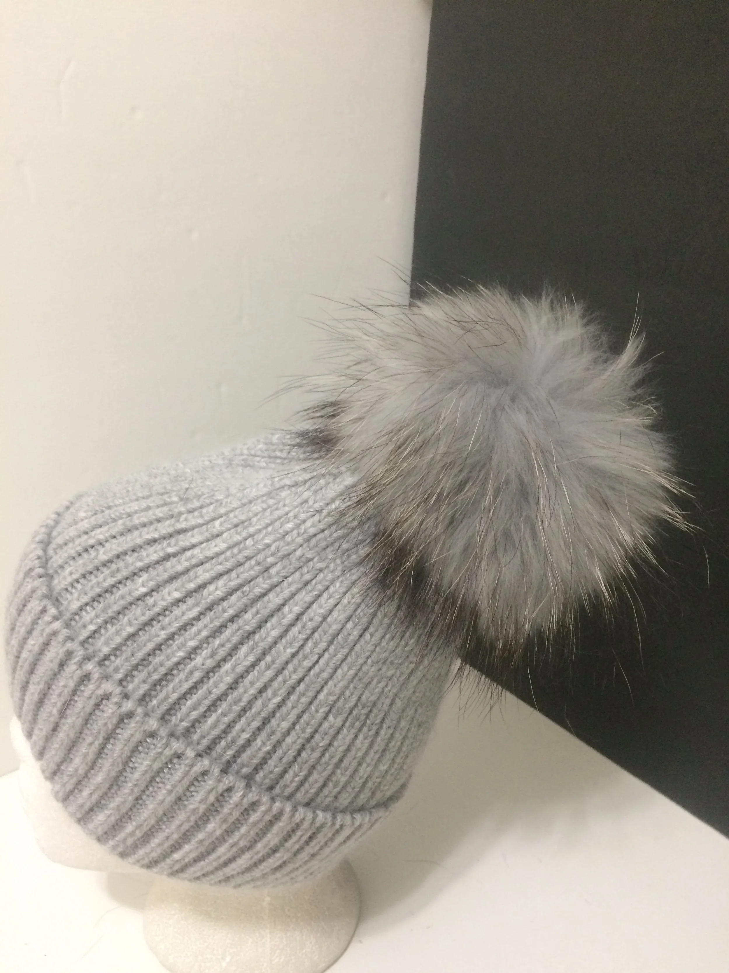New: Thick Ribbed 100% Angora with Removable Real Raccoon fur pompom