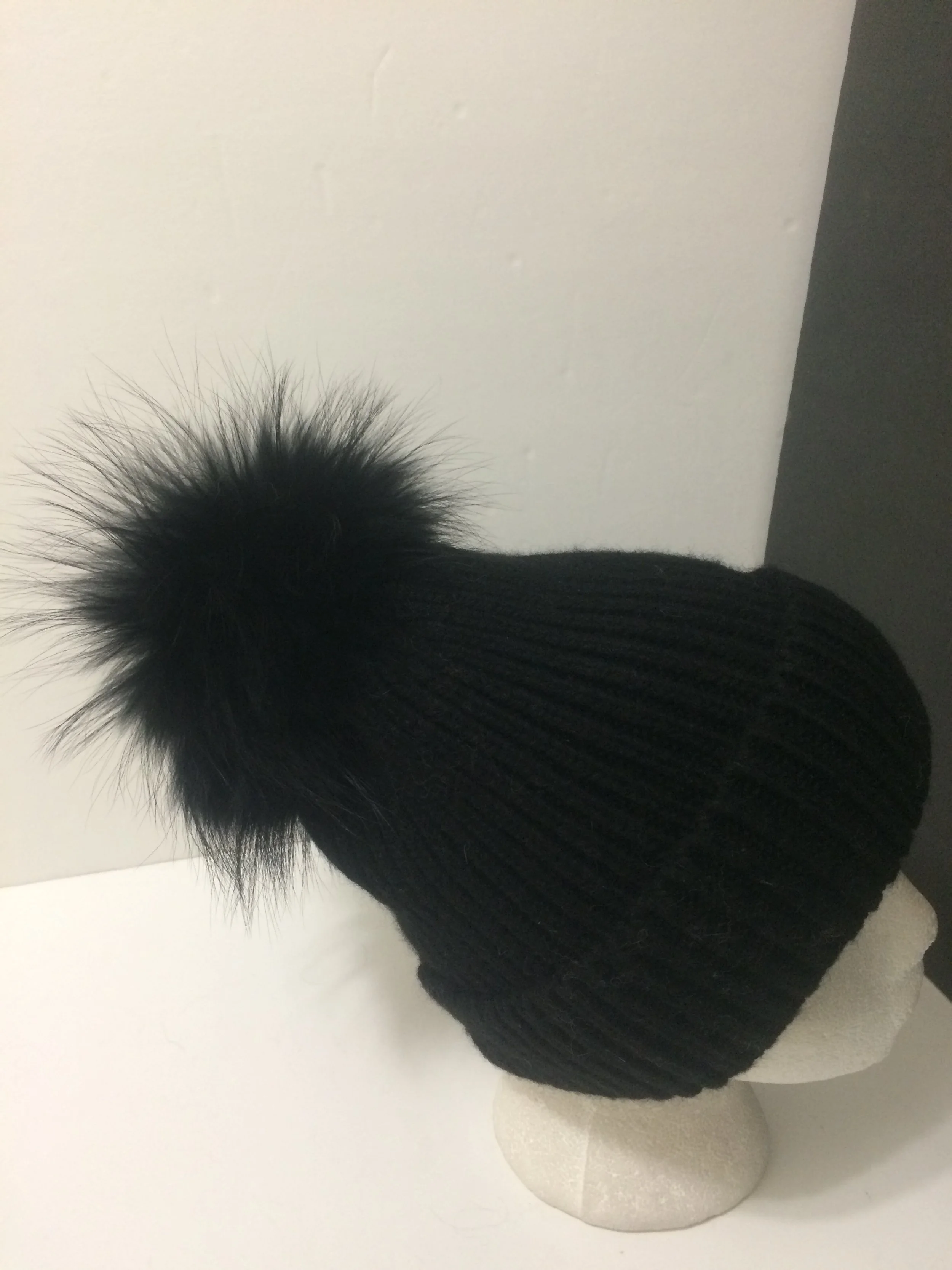 New: Thick Ribbed 100% Angora with Removable Real Raccoon fur pompom