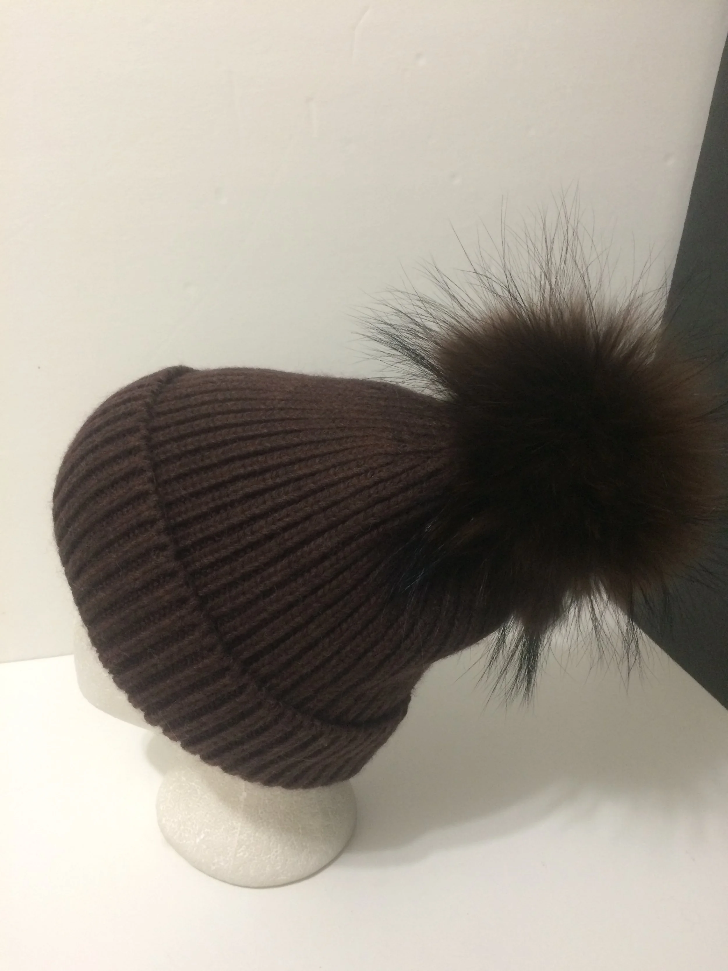 New: Thick Ribbed 100% Angora with Removable Real Raccoon fur pompon