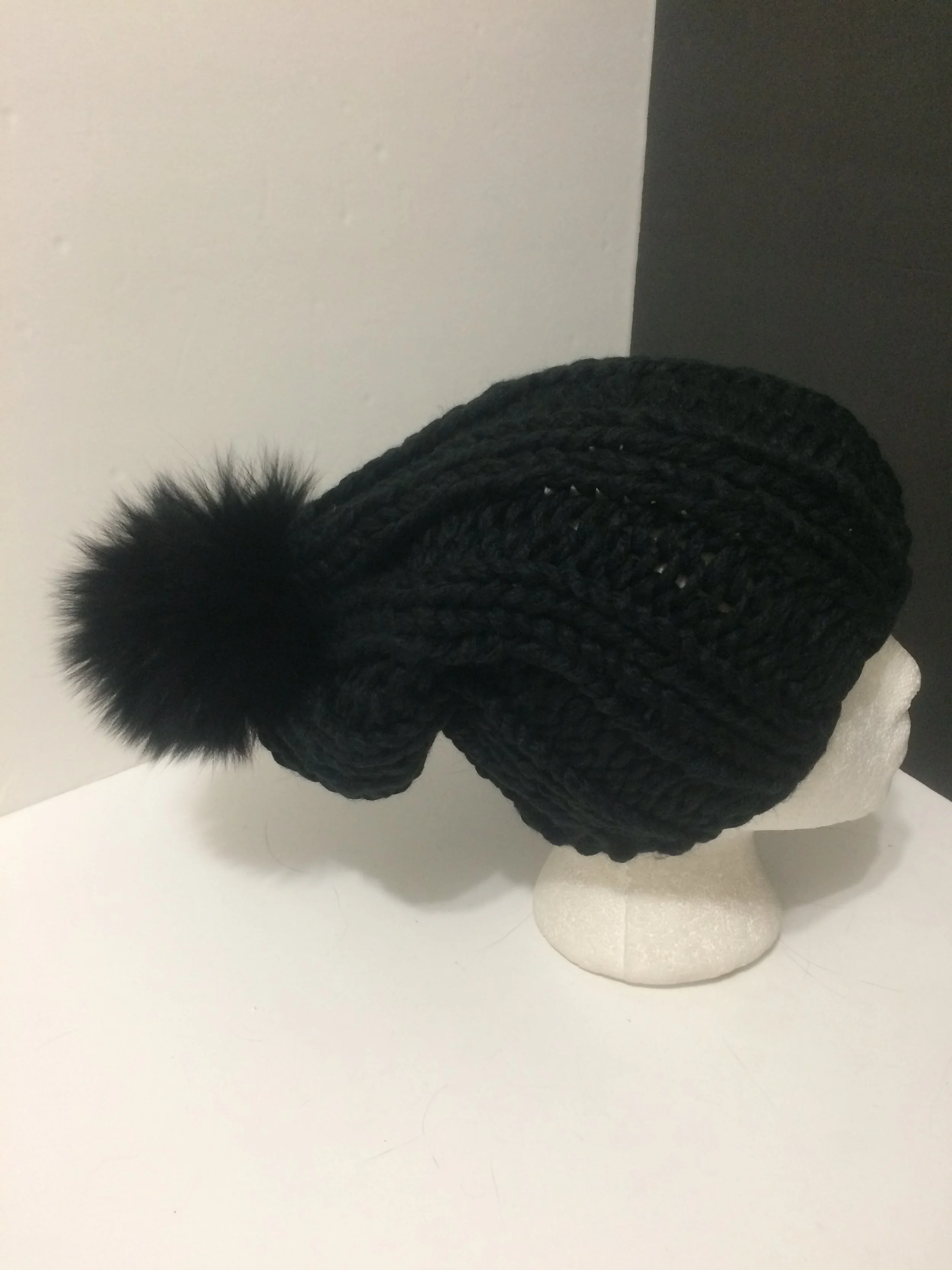 Slouchy Beanie, Hand Knit Ribbed Hat, with Removable Real Raccoon Fur Pom pom
