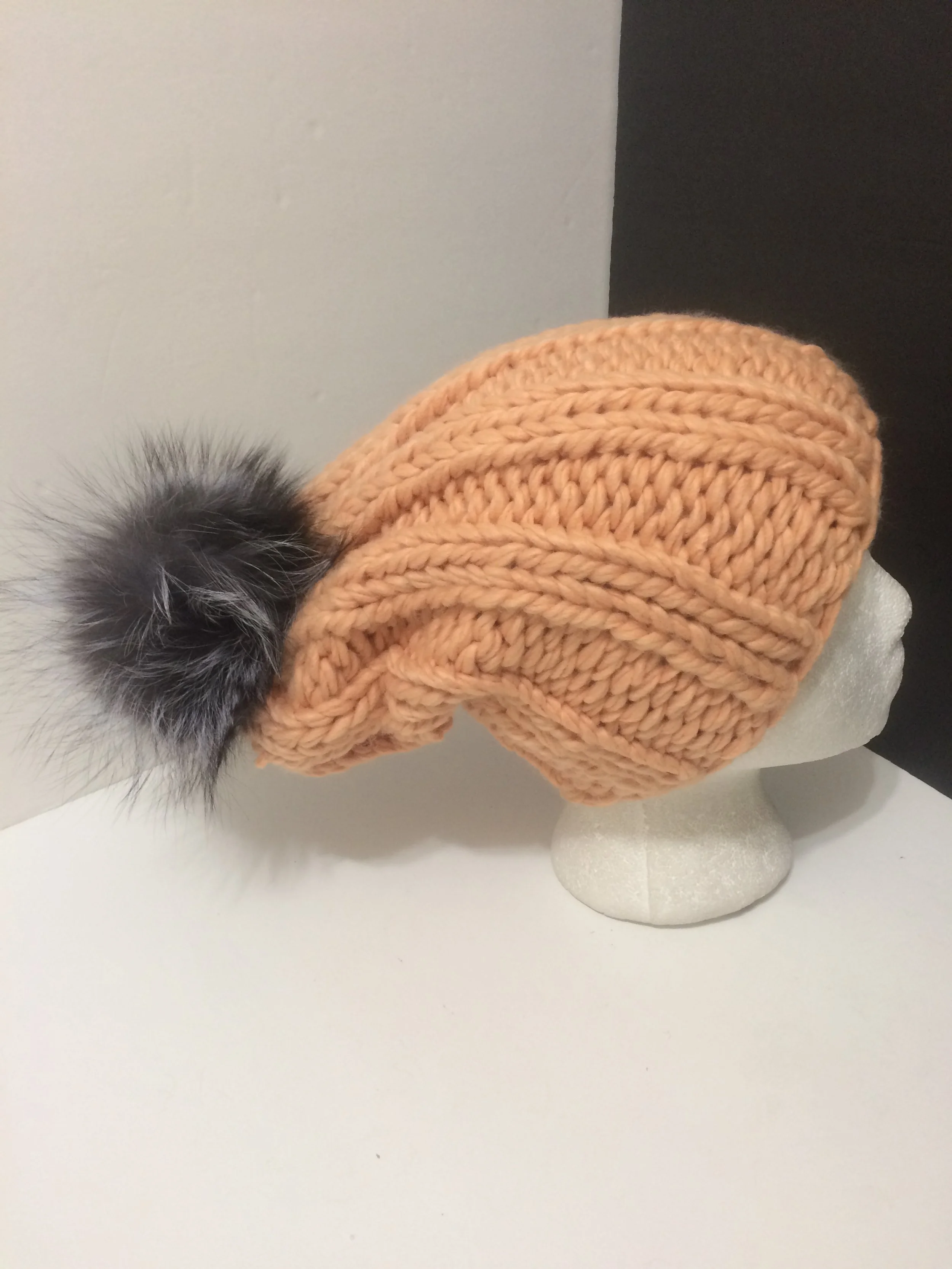 Slouchy Beanie, Hand Knit Ribbed Hat, with Removable Real Silver Fox  Pompom