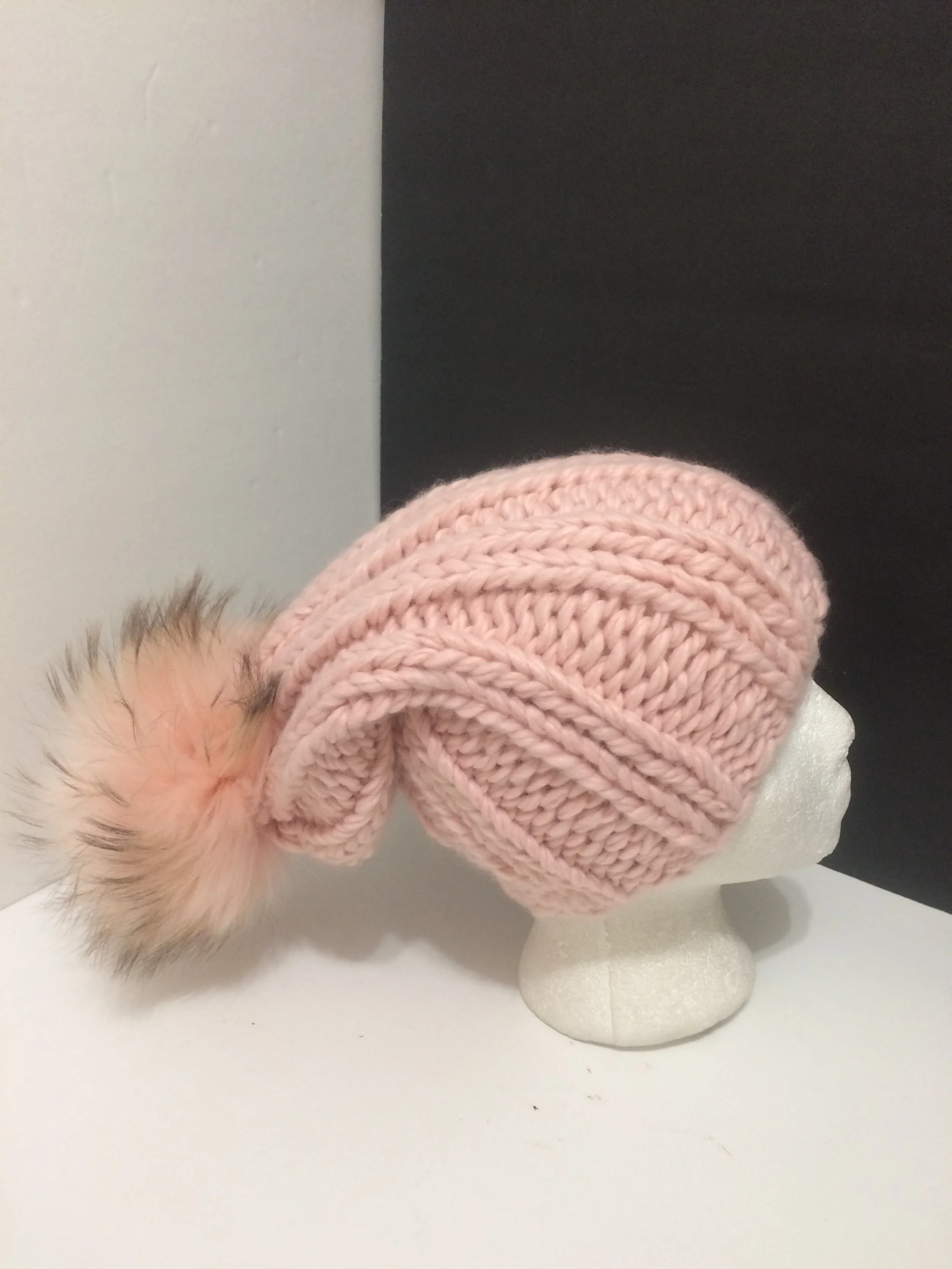 Slouchy Beanie, Hand Knit Ribbed Hat, with Removable Real Raccoon Fur Pom pom