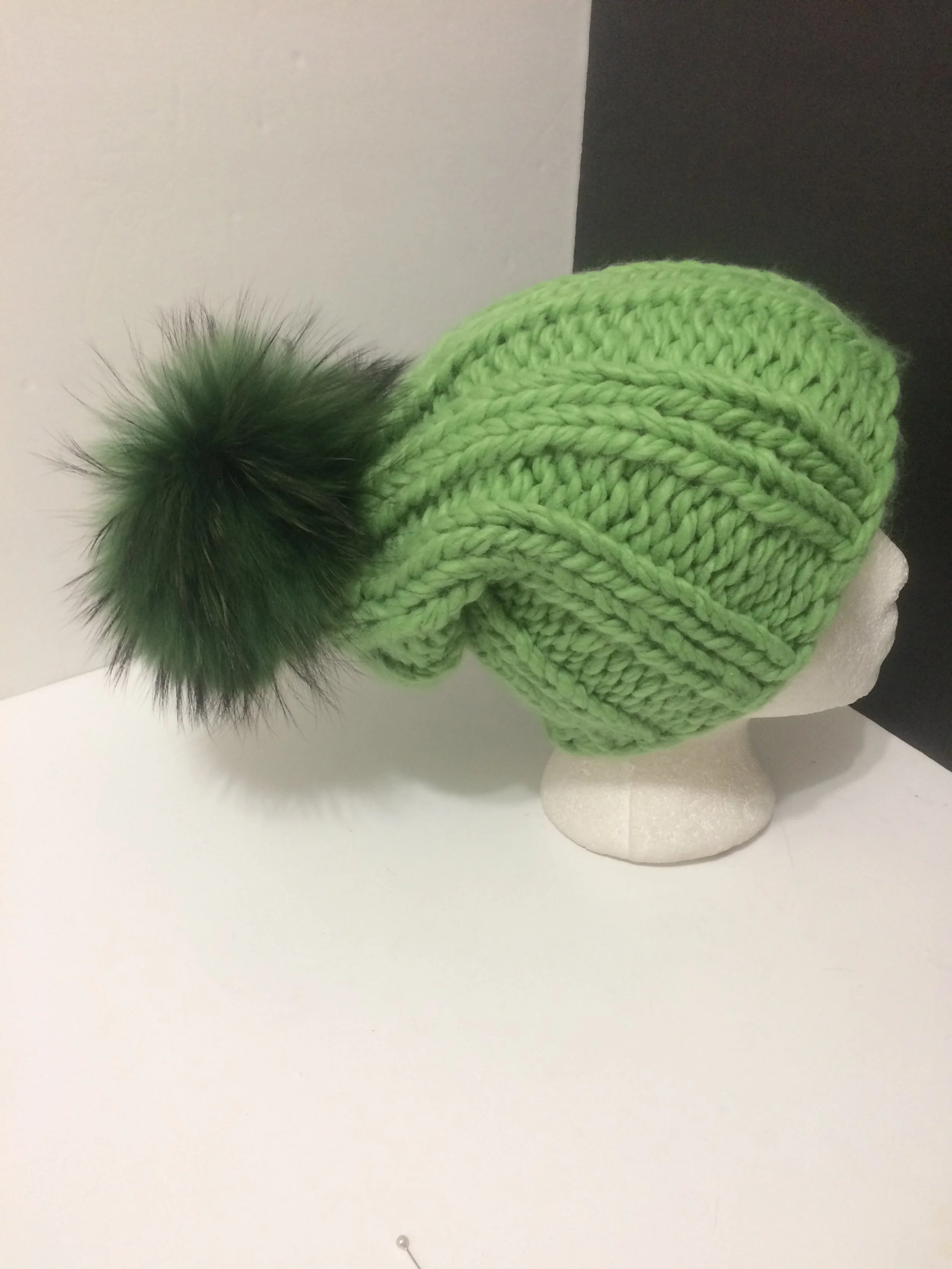 Slouchy Beanie, Hand Knit Ribbed Hat, with Removable Real Raccoon Fur Pompom