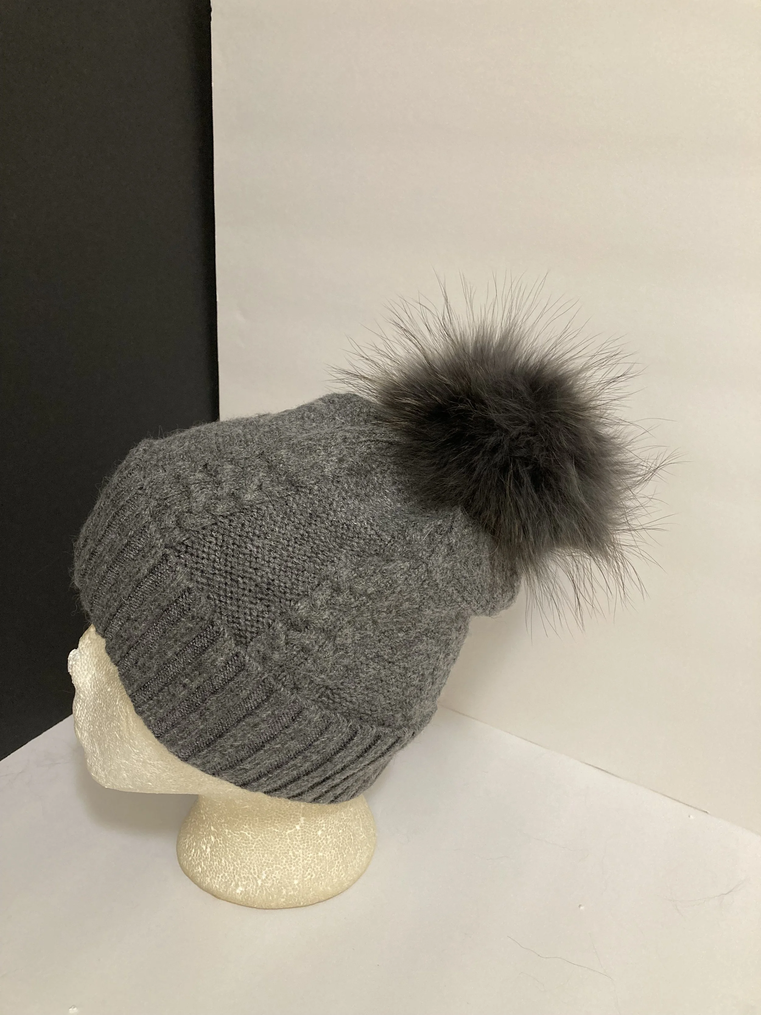 NEW: Cashmere Beanie, with Removable Real Raccoon Fur Pompom