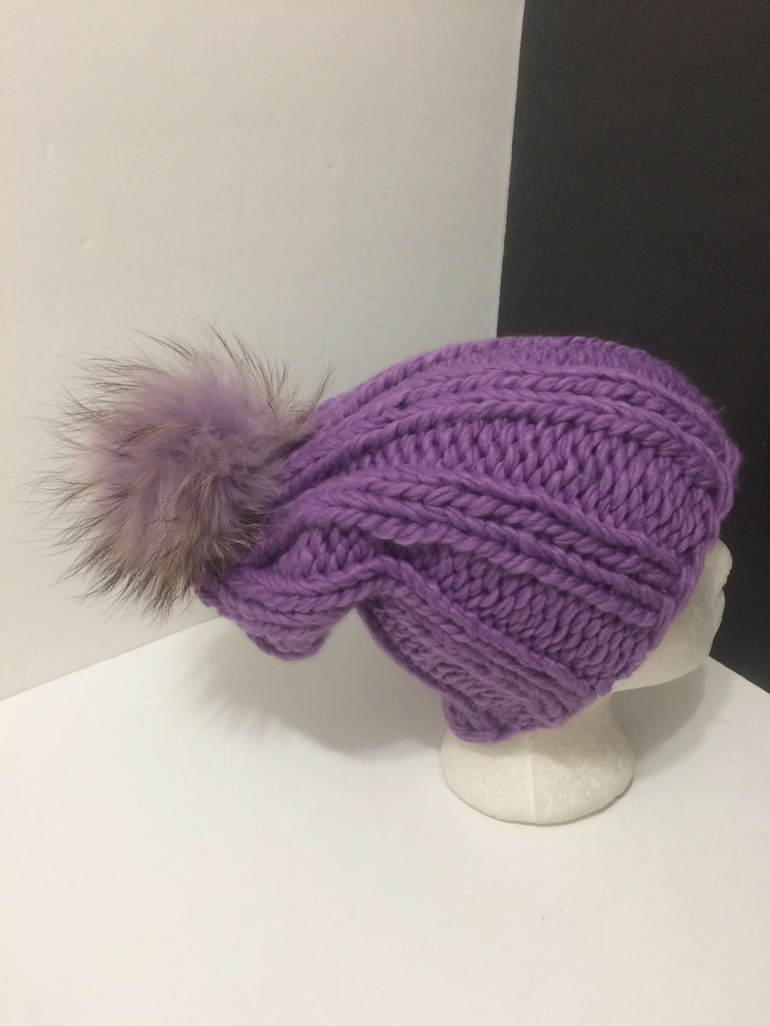 Slouchy Beanie, Hand Knit Ribbed Hat, with Removable Real Raccoon Fur Pom pom