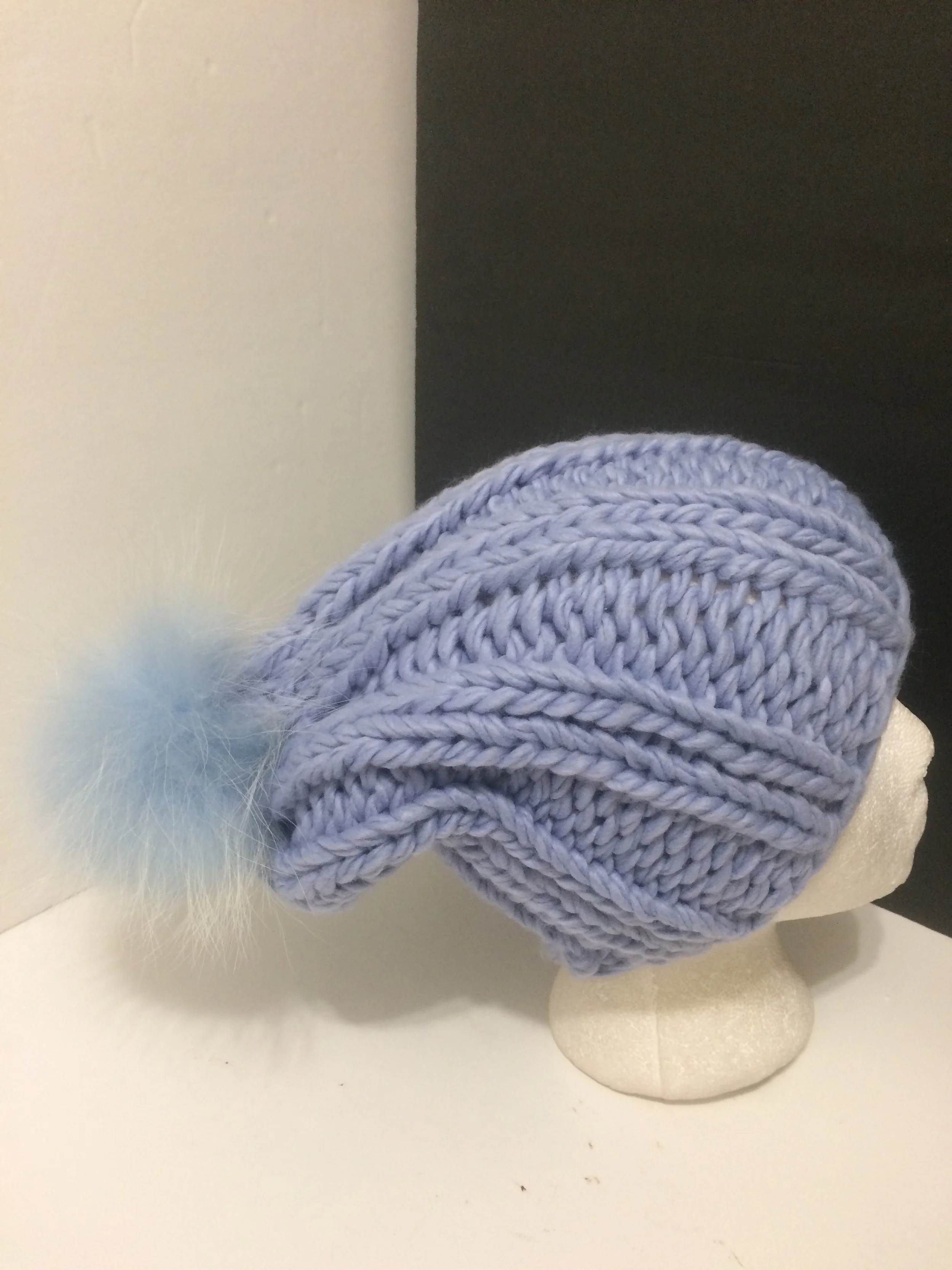 Slouchy Beanie, Hand Knit Ribbed Hat, with Removable Real Raccoon Fur Pom pom