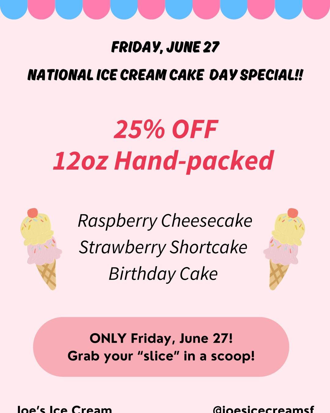 National Ice Cream Cake Day Special!⁣
We don&rsquo;t have ice cream cake, but we do have the next best thing&mdash;scoopable cake flavors! 🍰🍦Celebrate National Ice Cream Cake Day with 25% off 12oz hand-packed Raspberry Cheesecake, Strawberry Shortc