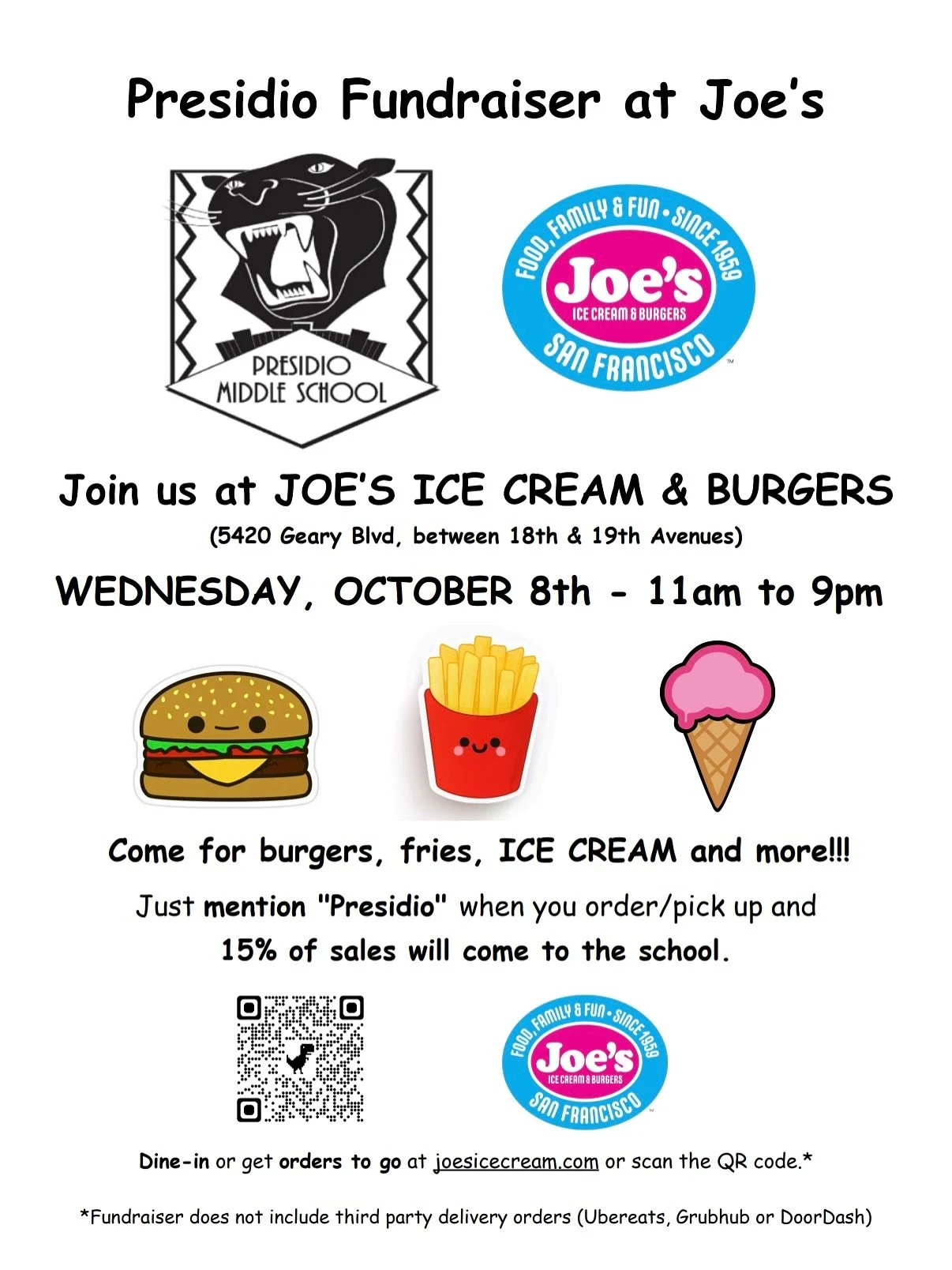 We&rsquo;re so excited to host our very first middle school fundraiser with Presidio Middle School this Wednesday, October 8th! 🍔🍦⁣
Come by Joe&rsquo;s, mention Presidio, and we&rsquo;ll take care of the rest! 15% of your order will support the sch