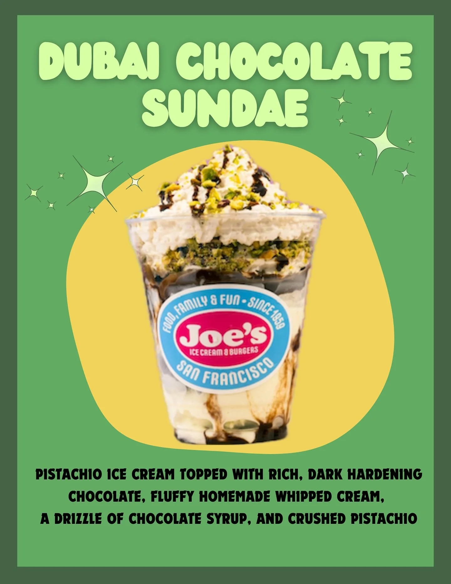 Our Dubai Chocolate Sundae is here, and we&rsquo;re so excited to share it with you! Made with our famous homemade pistachio ice cream, rich dark chocolate coating, fluffy homemade whipped cream, a drizzle of chocolate syrup, and extra pistachios on 