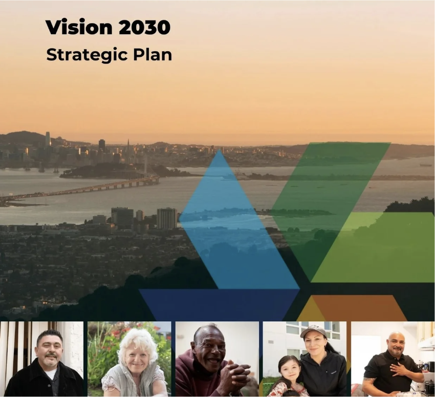 An image of a cream-colored background features a multi-color pinwheel logo next to the words "Abode - Ending Homelessness" - and underneath are the words "Vision 2030 - Strategic Plan"