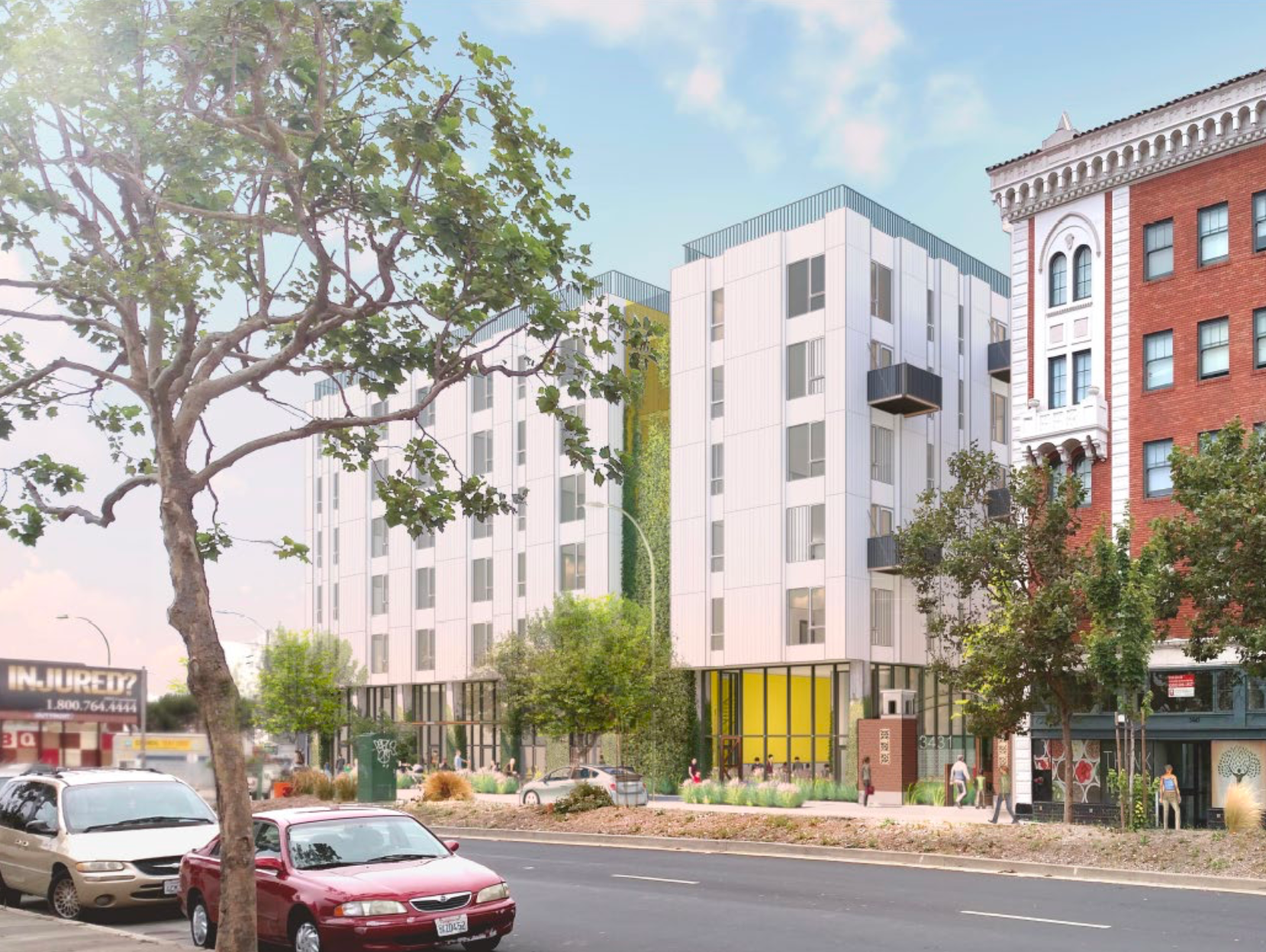 A rendering of a white, 5-story affordable housing building in the city of Oakland