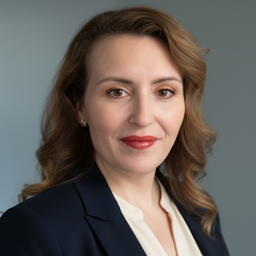 A smiling woman wearing a blue blazer over a white blouse posing for a photo in front of a gray background