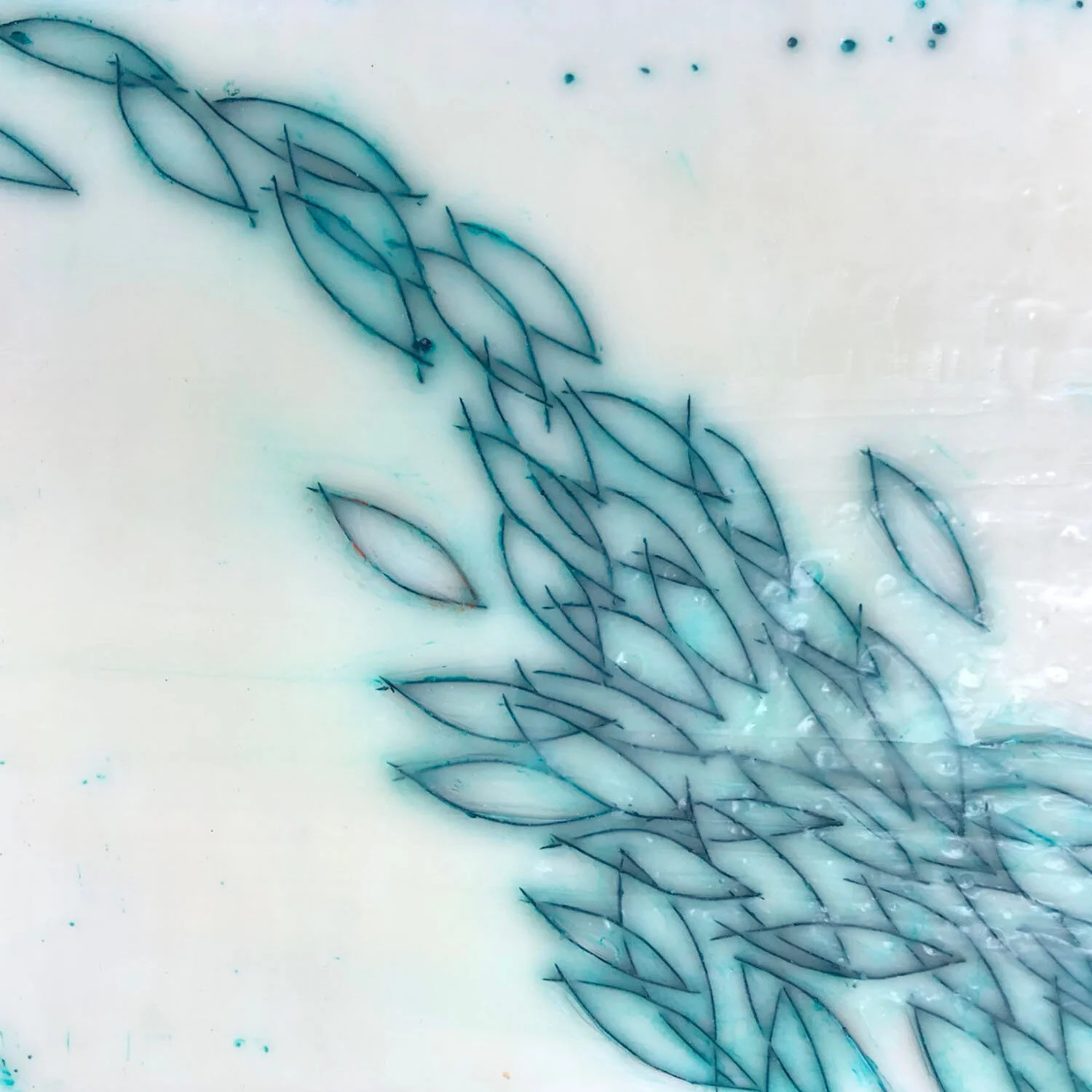 SCHOOL OF FISH - encaustic painting on wood 6”x6”