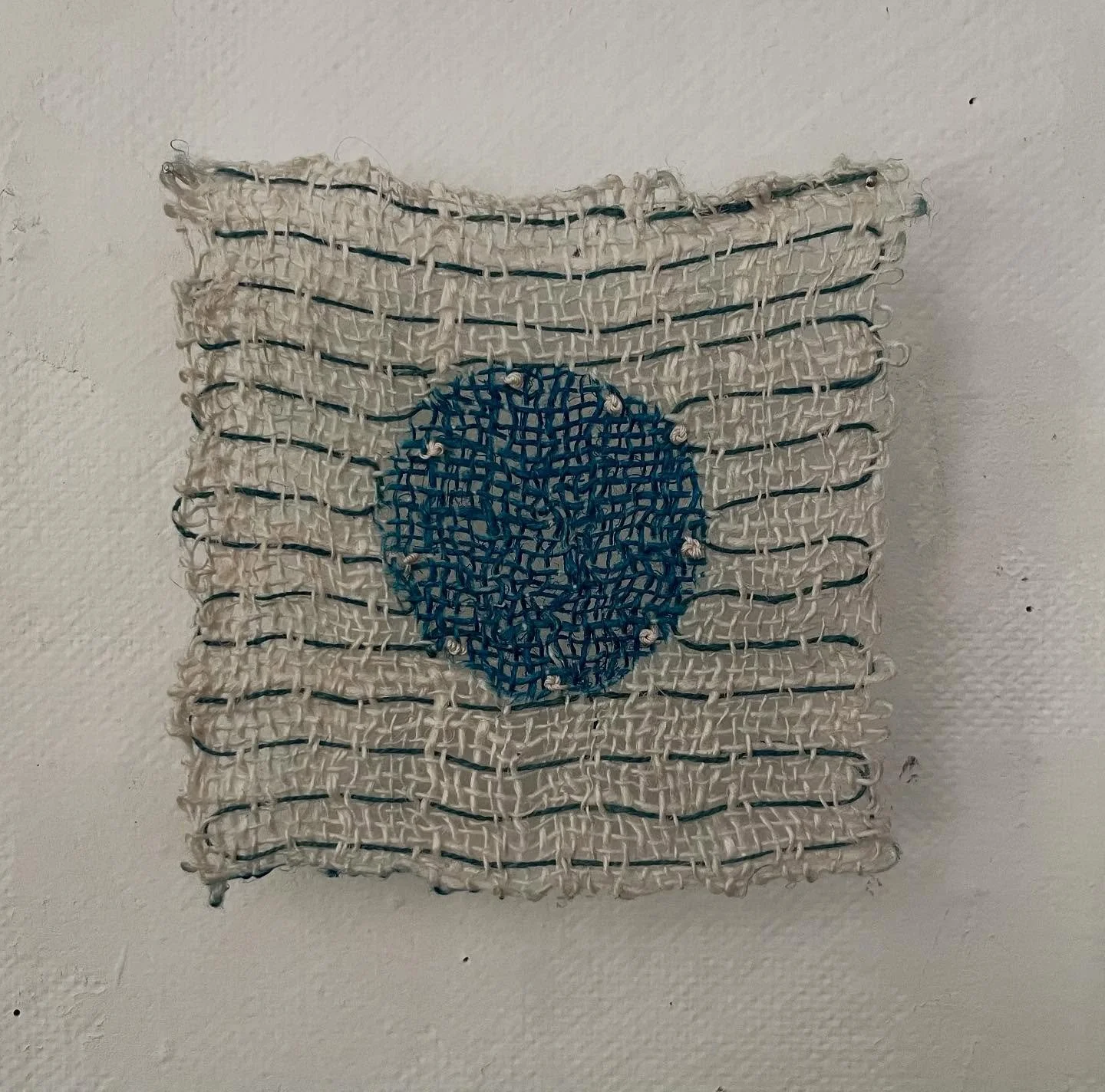Nebula #9
Hand spun, hand woven linen 
Cyanotype print with embroidery 
4.5&quot; square 

Sometimes the simplest is the best. No frame just pinned to the wall.

#textileart #textileartist #handspunlinen #cyanotype #embroidery