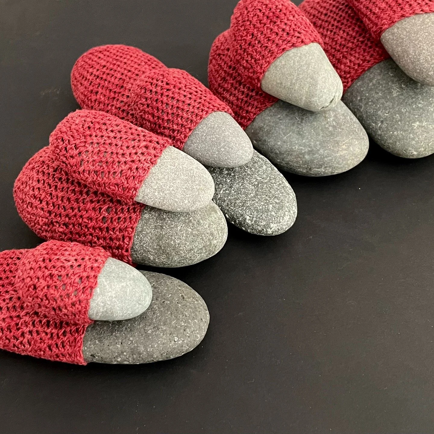 &ldquo;KHARIKLO&rsquo;S WOMB&rdquo;

In naming this new series, I honor the transformative power of feminine energy. 
Like a womb, the red crocheted linen wraps these hard, phallic stones. Each stone, carries the weight of another.
🌟
In mythology, K