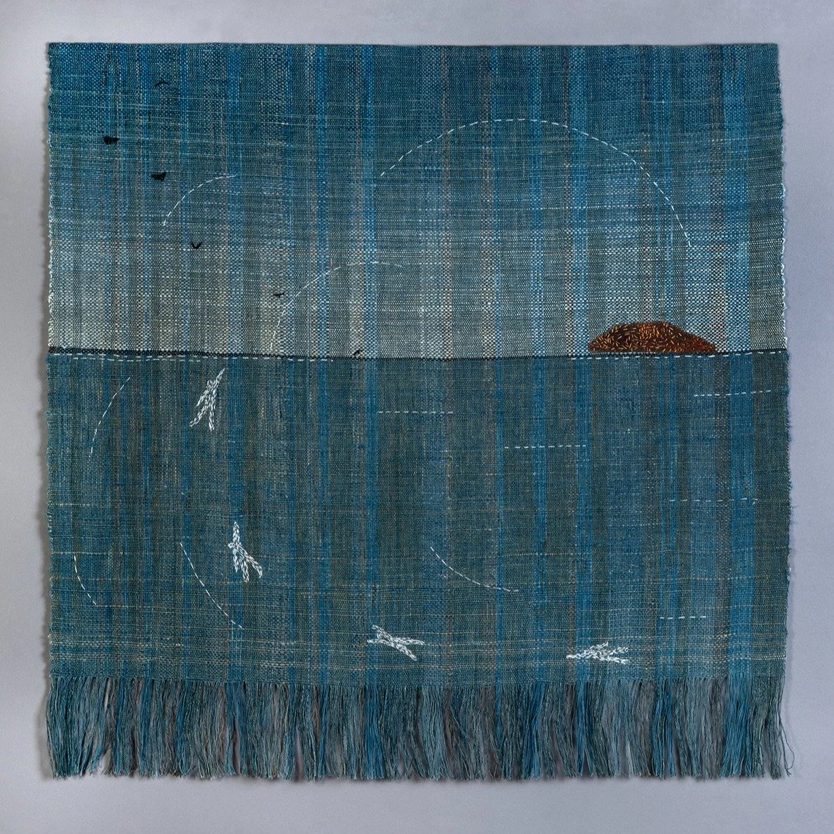 &ldquo;Swimming With Salacia&rdquo;

29&rdquo; by 28&rdquo; 
2026

Indigo dyed linen, cotton and metallic warp threads. 
Handspun linen weft. Embroidery floss.

The circular movement in this piece echoes the rhythm of the tides&mdash;pulling in and o