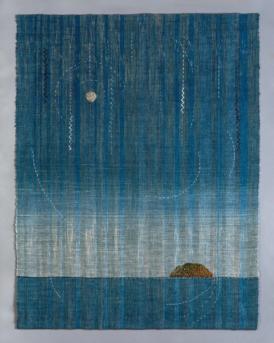 &ldquo;Under the Arc of Impermanence&rdquo;

37&rdquo; by 28&rdquo; 
2026

Indigo dyed linen, cotton and metallic warp threads. 
Handspun linen weft. Embroidery floss.

&ldquo;Is not impermanence the very fragrance of our days?&rdquo; Rainer Maria Ri