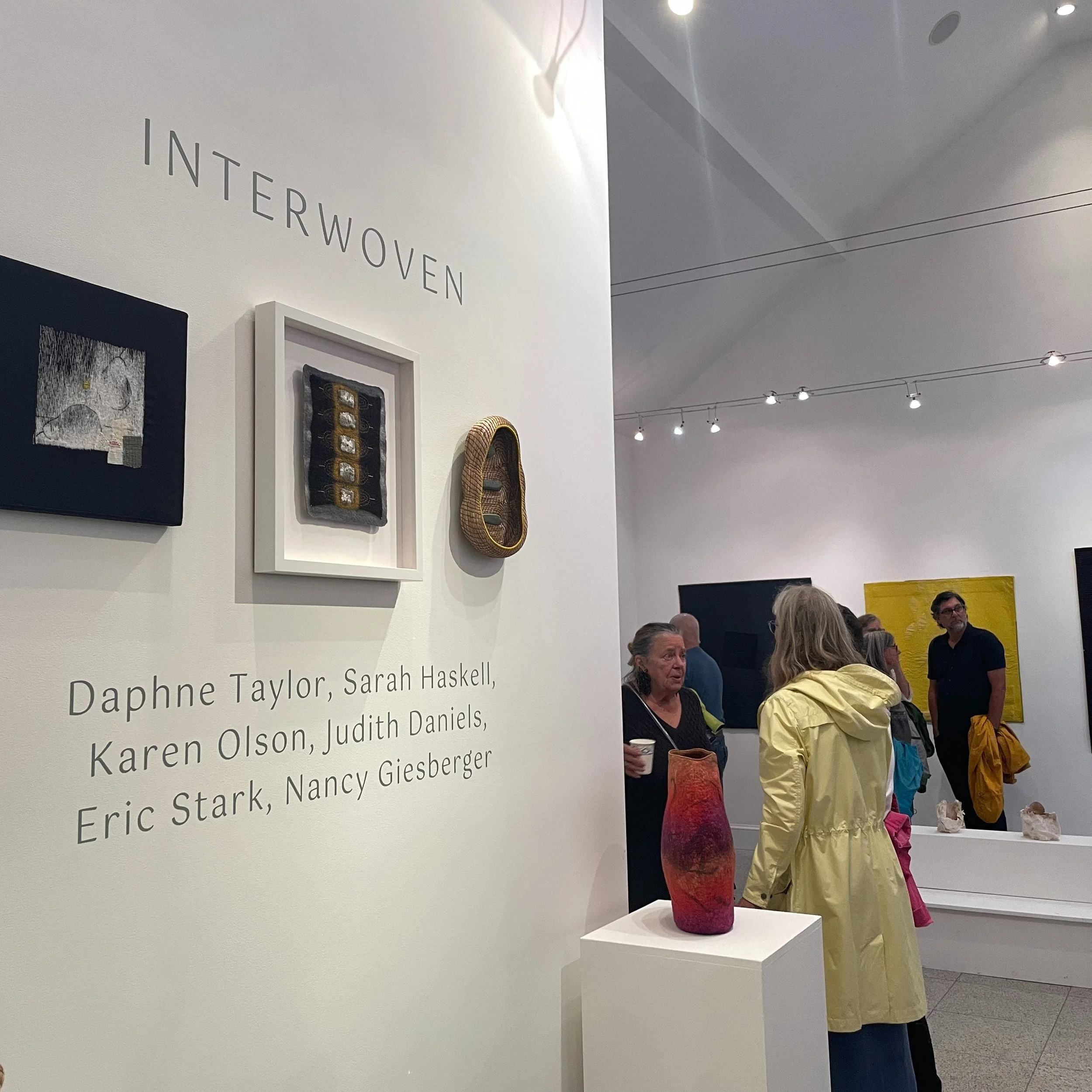 Rockland never disappoints.

First Friday, even in the rain, was fun and festive at the Triangle Gallery for the opening of "Interwoven".

Daphne Taylor, Nancy Geisberger, Judith Daniels, Karen Olson, Eric Stark and me. 

This show is up un